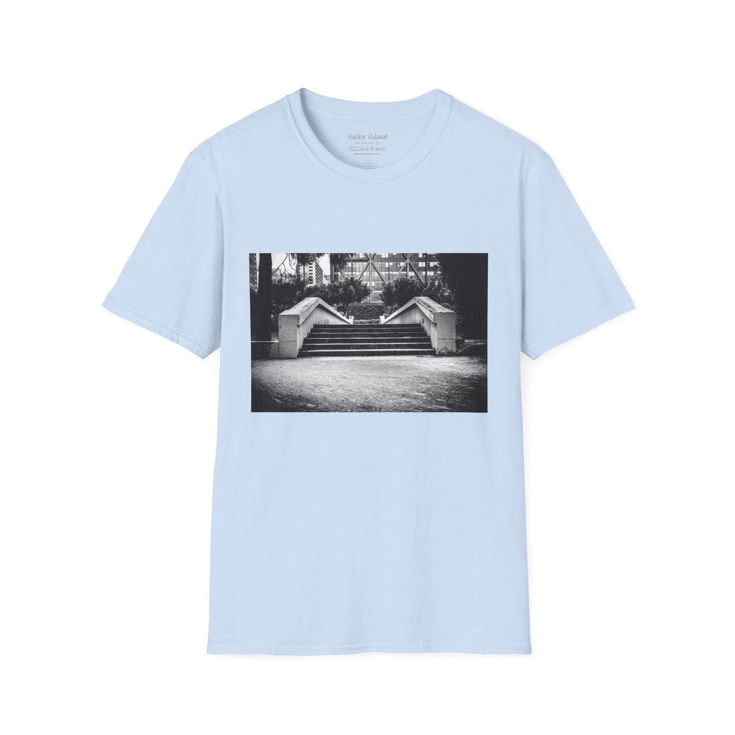 Light blue Short-sleeve crew neck T-shirt featuring a bold graphic of the iconic Hubba Hideout skate spot printed on the front. The detailed design, captured by photographer David Broach, showcases the legendary spot in striking detail, making it a must-have for skateboarding enthusiasts and streetwear fans.