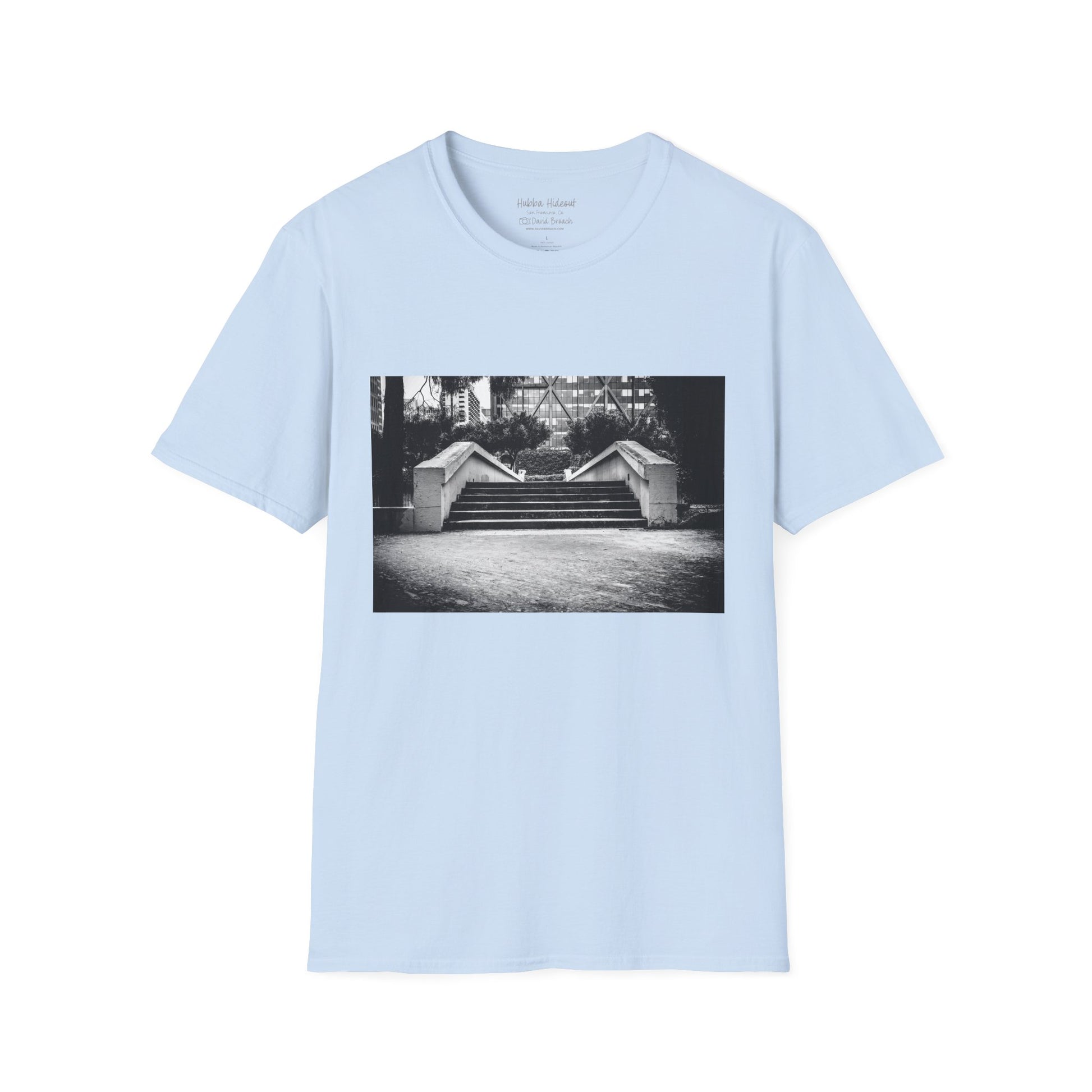 Light blue Short-sleeve crew neck T-shirt featuring a bold graphic of the iconic Hubba Hideout skate spot printed on the front. The detailed design, captured by photographer David Broach, showcases the legendary spot in striking detail, making it a must-have for skateboarding enthusiasts and streetwear fans.