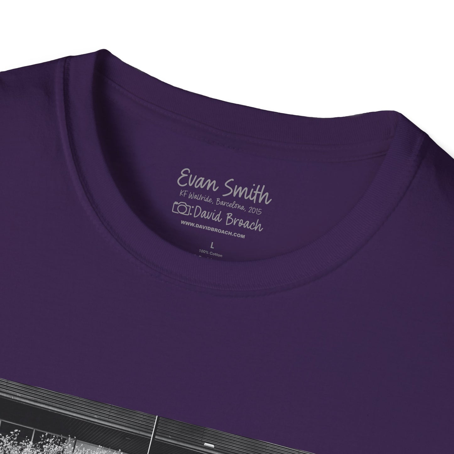 Close up of purple shirt collar printed on it Evan Smith, Photo by David Broach