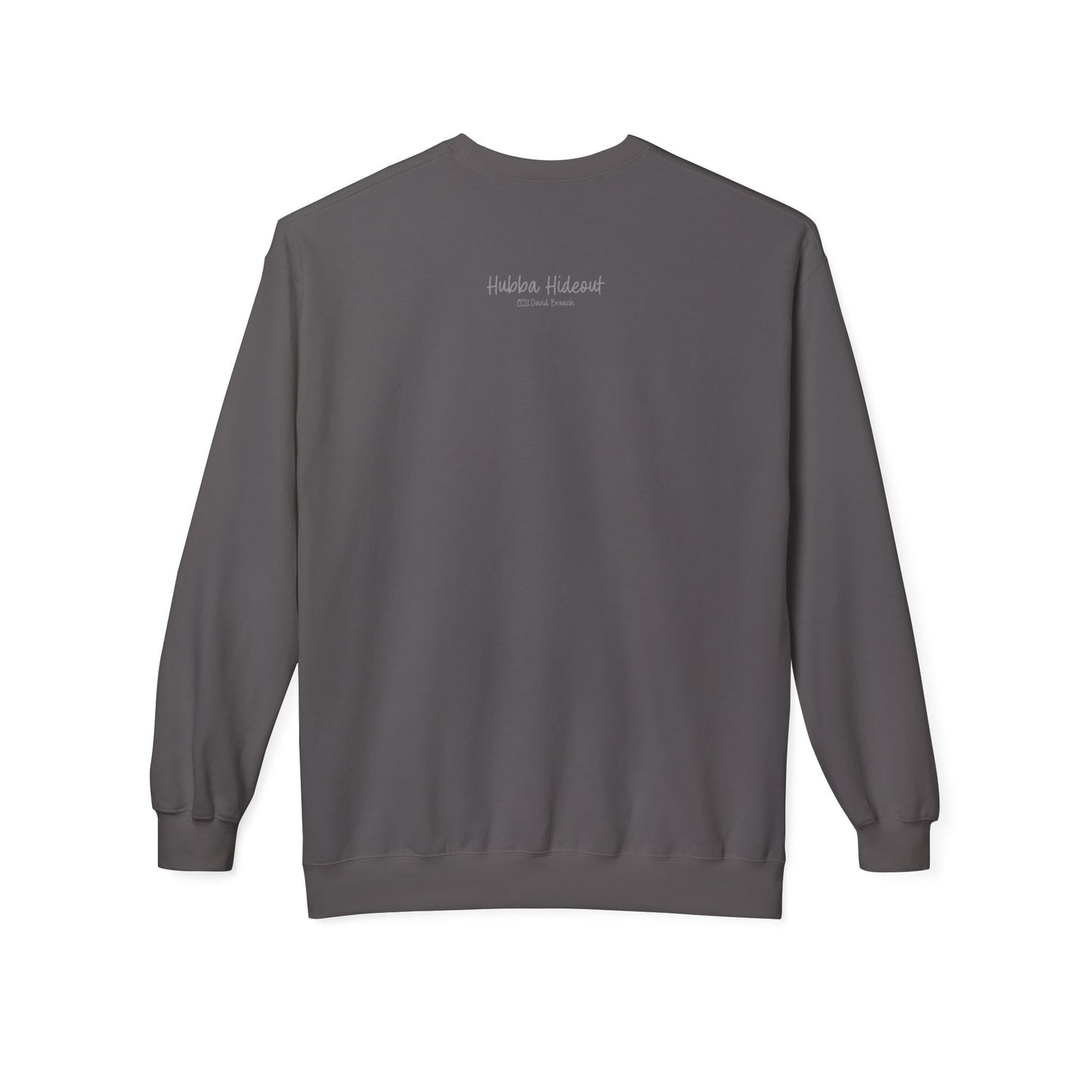 Back of a grey crew neck long-sleeve sweatshirt featuring 'Hubba Hideout' printed in small text near the upper back. A subtle yet stylish detail that complements the bold front design, making it a must-have for skateboarding enthusiasts and streetwear fans.