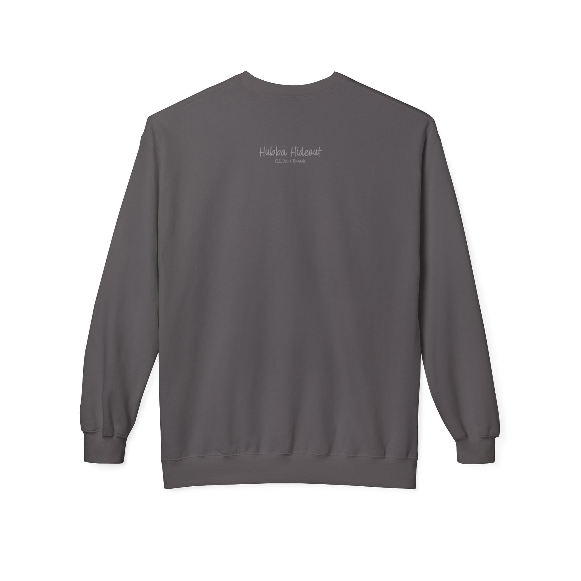 Back of a grey crew neck long-sleeve sweatshirt featuring 'Hubba Hideout' printed in small text near the upper back. A subtle yet stylish detail that complements the bold front design, making it a must-have for skateboarding enthusiasts and streetwear fans.