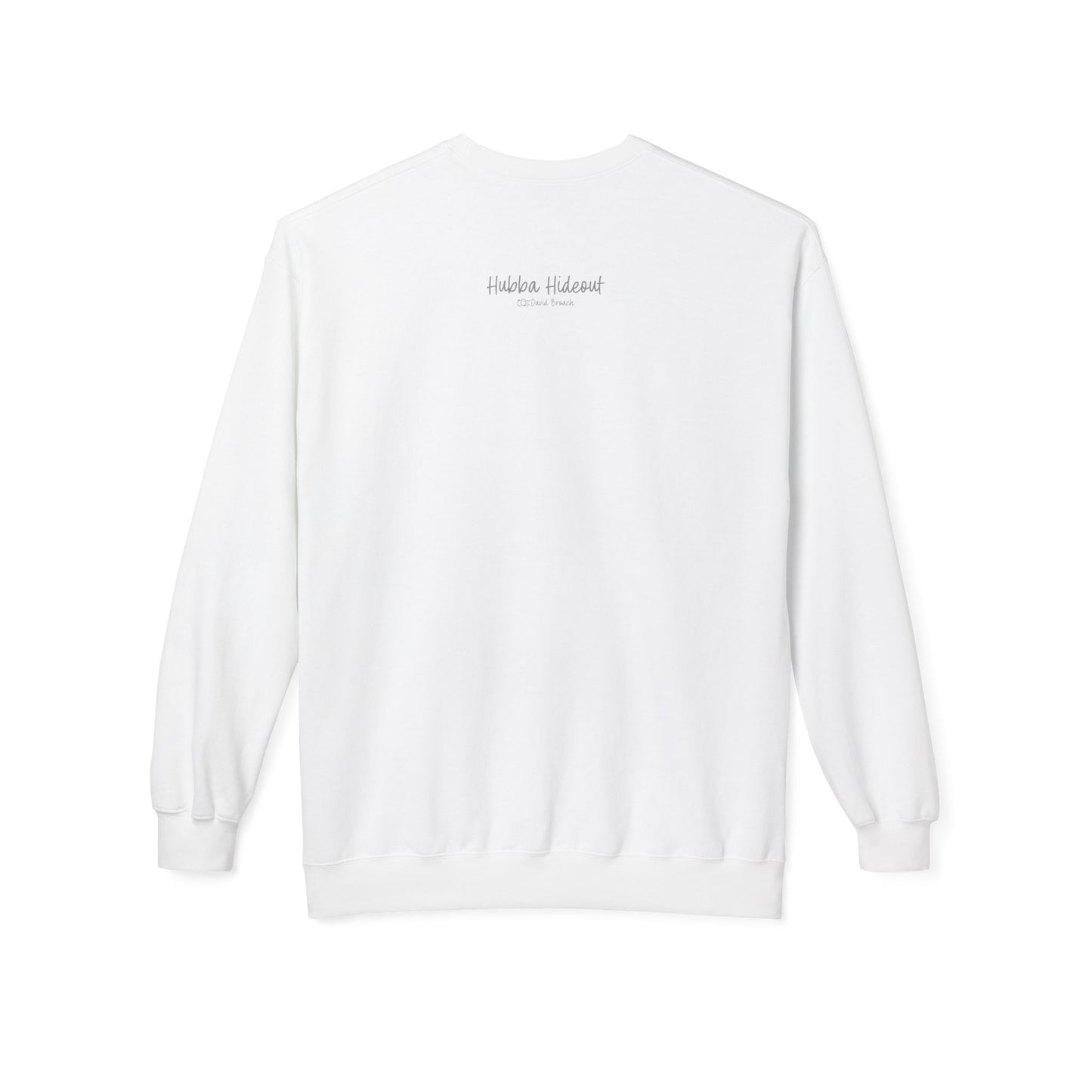 Back of a white crew neck long-sleeve sweatshirt featuring 'Hubba Hideout' printed in small text near the upper back. A subtle yet stylish detail that complements the bold front design, making it a must-have for skateboarding enthusiasts and streetwear fans.