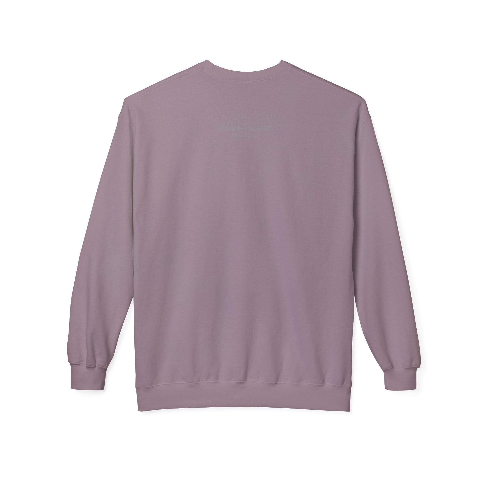 Back view of a purple long-sleeve sweatshirt.  The soft fabric drapes naturally, showcasing the relaxed fit. Ideal for layering or wearing solo, this piece adds a pop of color with a skate-inspired edge."