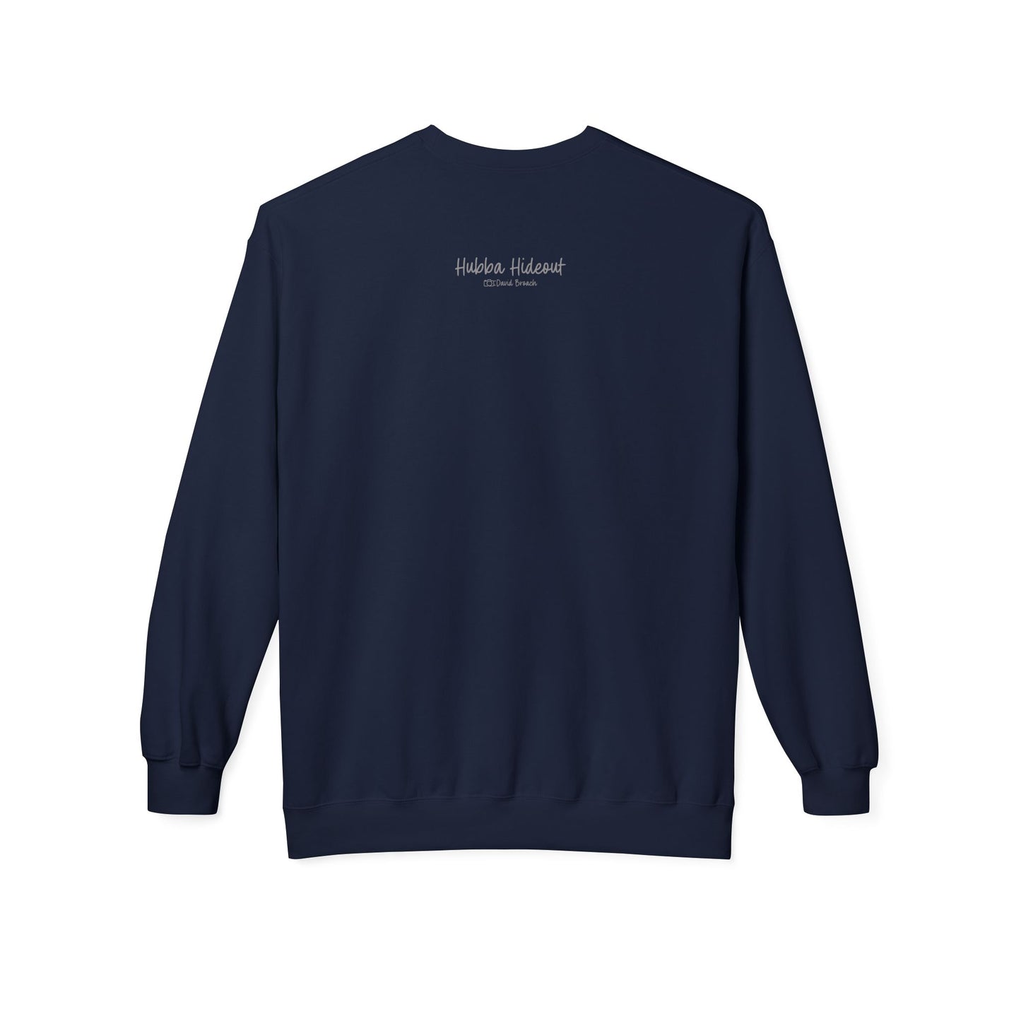 Back of a dark blue crew neck long-sleeve sweatshirt featuring 'Hubba Hideout' printed in small text near the upper back. A subtle yet stylish detail that complements the bold front design, making it a must-have for skateboarding enthusiasts and streetwear fans.