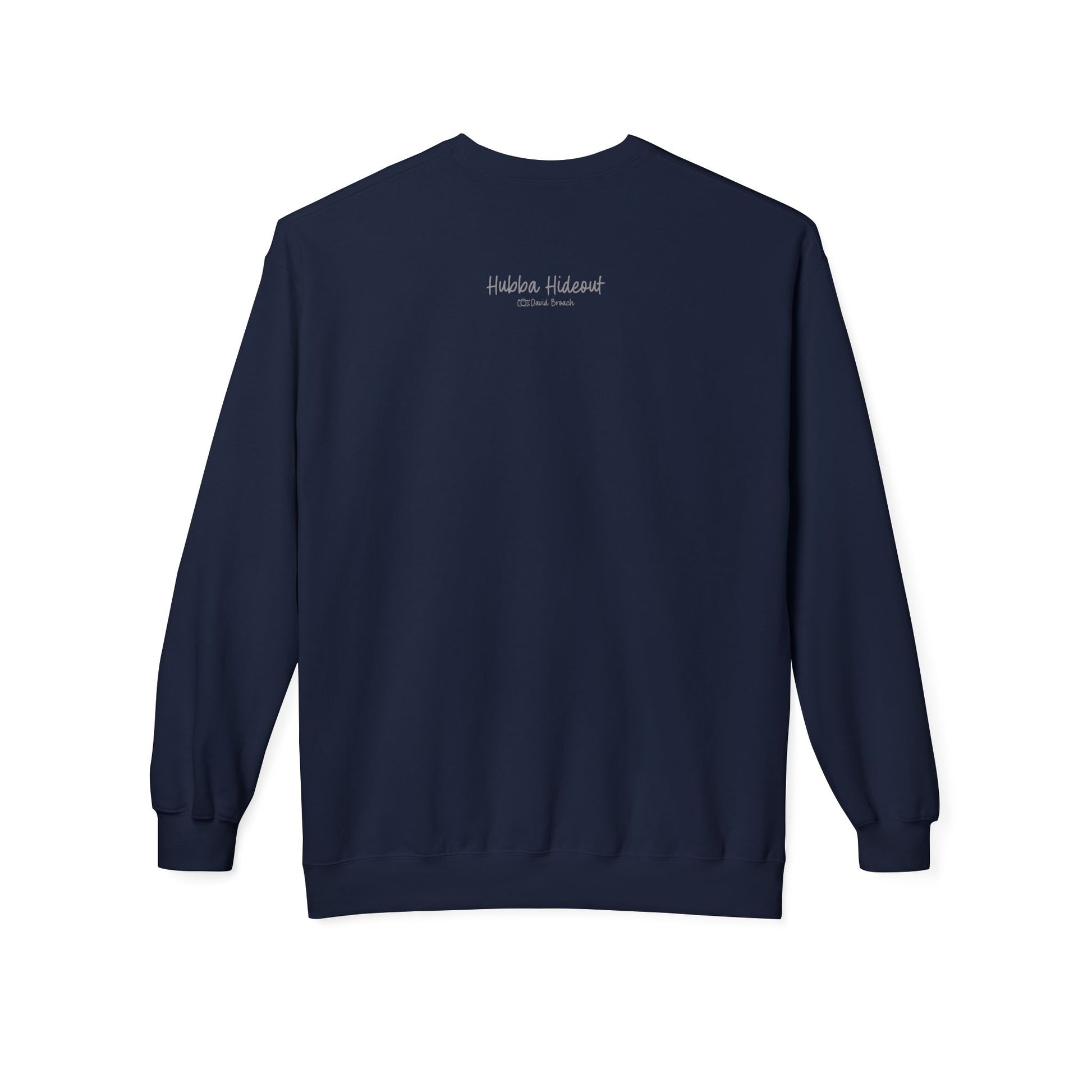 Back of a dark blue crew neck long-sleeve sweatshirt featuring 'Hubba Hideout' printed in small text near the upper back. A subtle yet stylish detail that complements the bold front design, making it a must-have for skateboarding enthusiasts and streetwear fans.