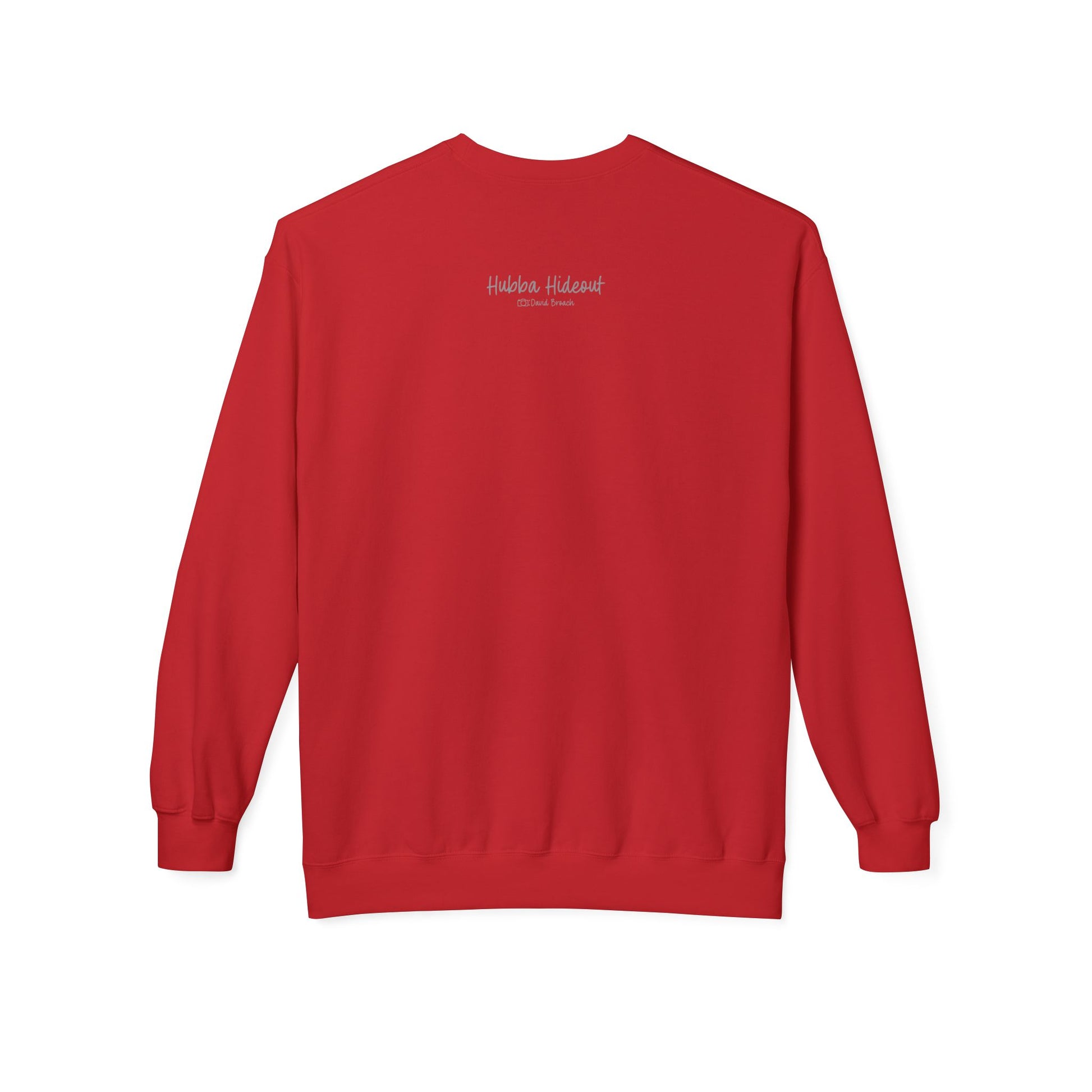 Back of a red crew neck long-sleeve sweatshirt featuring 'Hubba Hideout' printed in small text near the upper back. A subtle yet stylish detail that complements the bold front design, making it a must-have for skateboarding enthusiasts and streetwear fans.