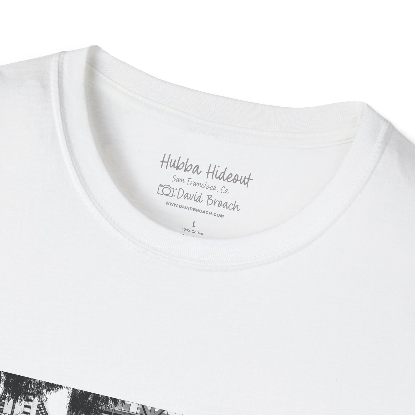 Close-up of a white, crew neck short-sleeve T-shirt featuring a printed photo of the iconic Hubba Hideout skate spot, captured by David Broach. The detailed print highlights the texture and depth of the image, making it a bold statement piece for skateboarding enthusiasts.