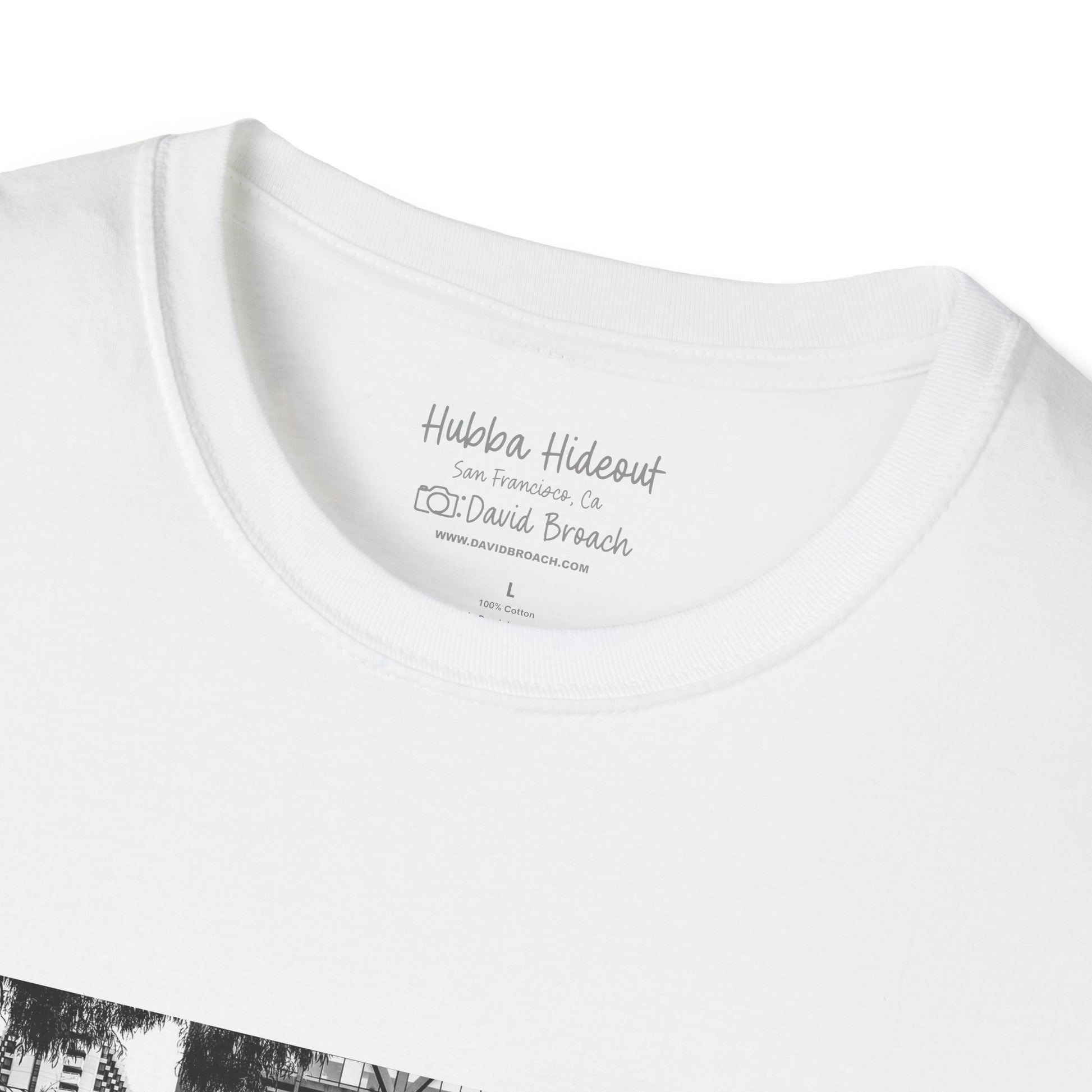 Close-up of a white, crew neck short-sleeve T-shirt featuring a printed photo of the iconic Hubba Hideout skate spot, captured by David Broach. The detailed print highlights the texture and depth of the image, making it a bold statement piece for skateboarding enthusiasts.