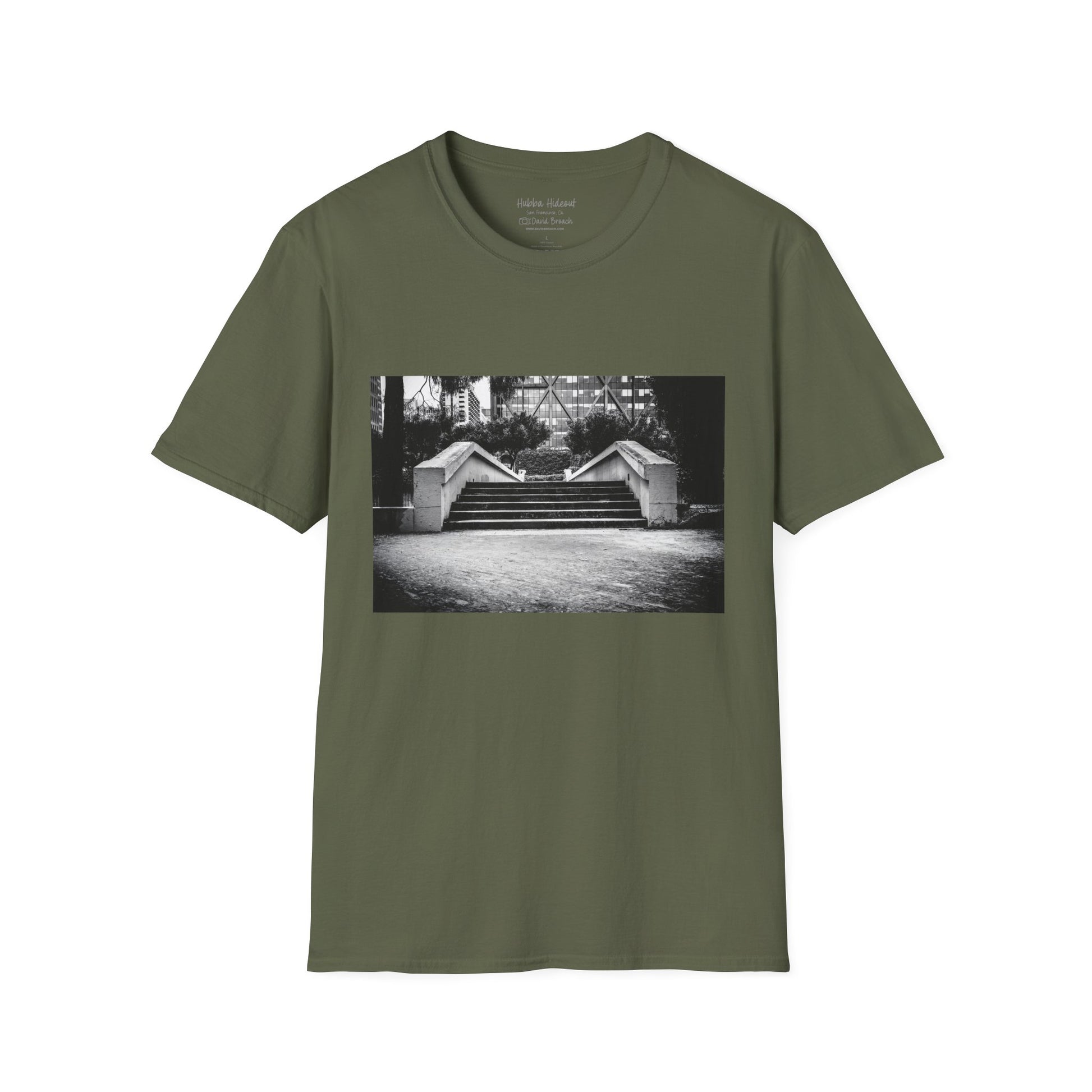 Green Short-sleeve crew neck T-shirt featuring a bold graphic of the iconic Hubba Hideout skate spot printed on the front. The detailed design, captured by photographer David Broach, showcases the legendary spot in striking detail, making it a must-have for skateboarding enthusiasts and streetwear fans.
