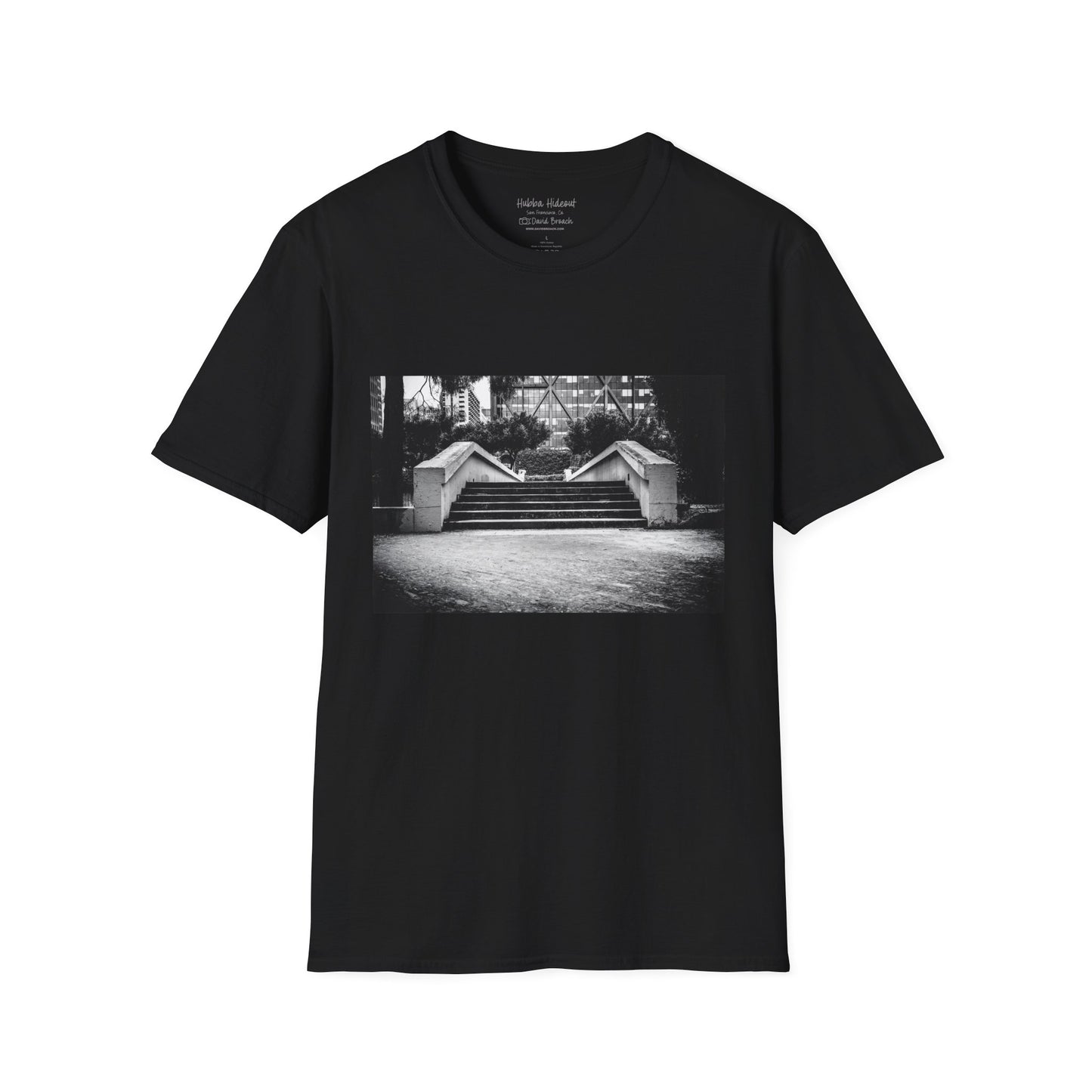 Black Short-sleeve crew neck T-shirt featuring a bold graphic of the iconic Hubba Hideout skate spot printed on the front. The detailed design, captured by photographer David Broach, showcases the legendary spot in striking detail, making it a must-have for skateboarding enthusiasts and streetwear fans.