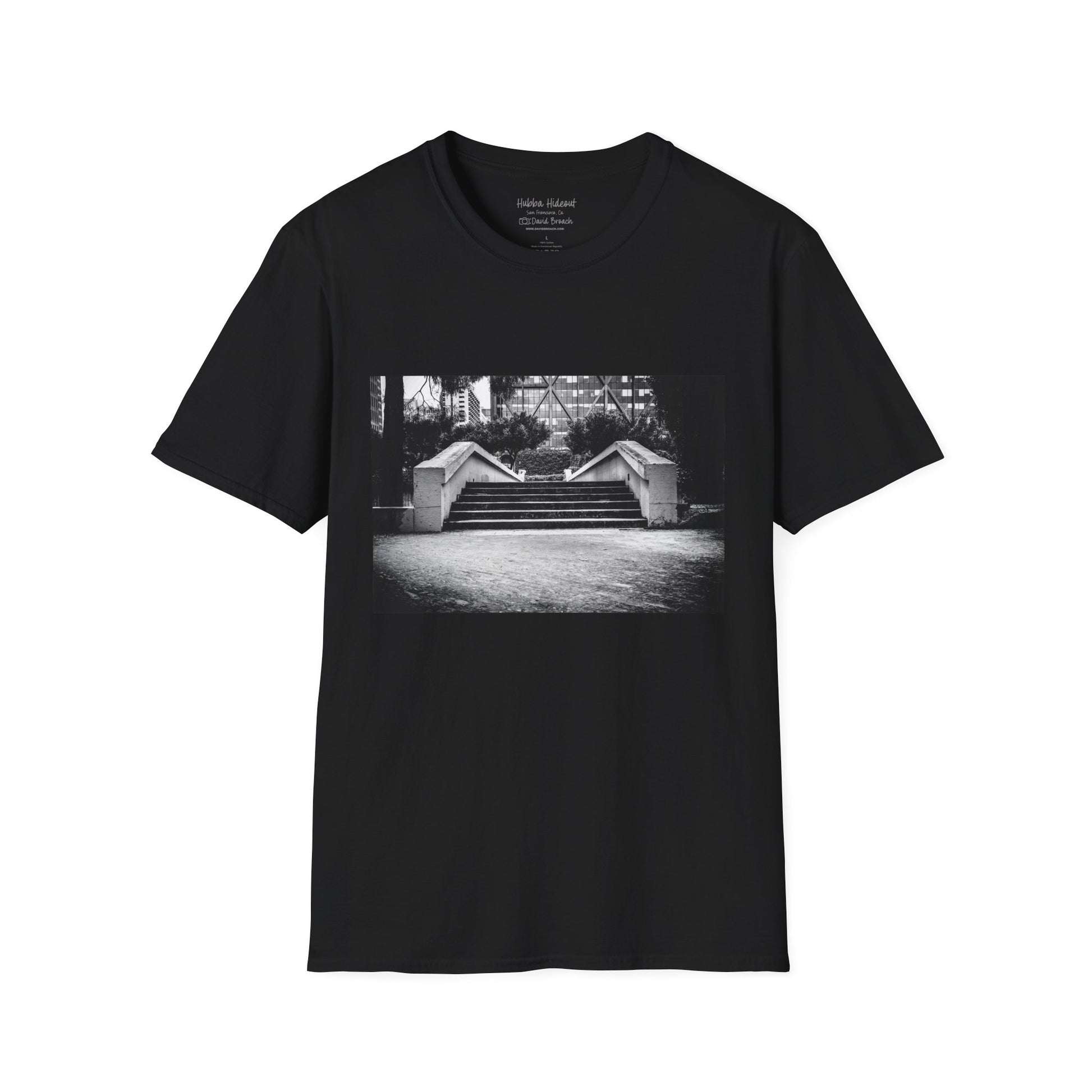 Black Short-sleeve crew neck T-shirt featuring a bold graphic of the iconic Hubba Hideout skate spot printed on the front. The detailed design, captured by photographer David Broach, showcases the legendary spot in striking detail, making it a must-have for skateboarding enthusiasts and streetwear fans.