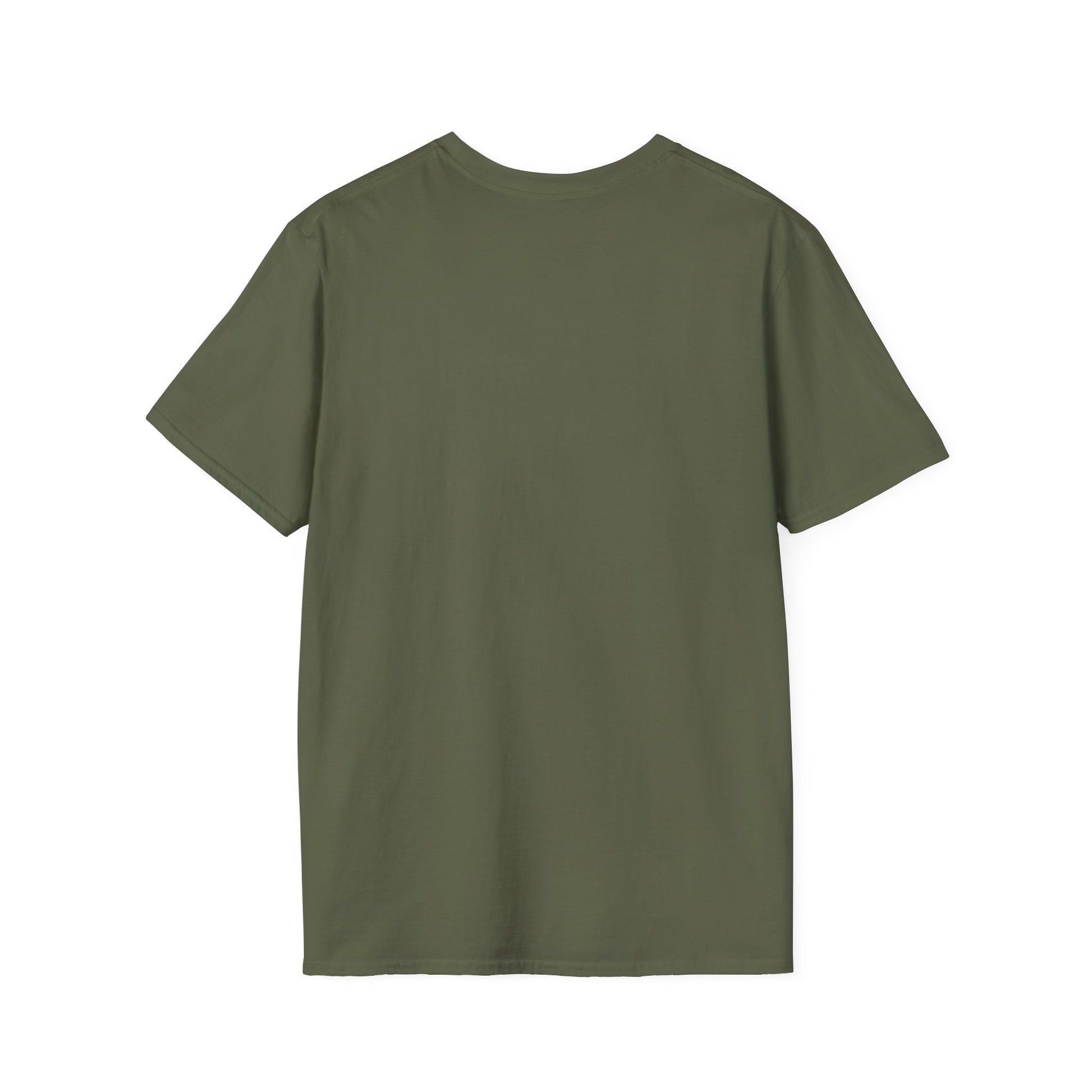 Back of a green crew neck short-sleeve T-shirt featuring 'Hubba Hideout' printed in small text near the upper back. A subtle yet stylish detail that complements the bold front design, making it a must-have for skateboarding enthusiasts and streetwear fans."