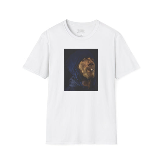 Short-sleeve white crew neck T-shirt featuring a printed portrait of legendary pro skater Tom Penny smoking a joint against a black background. Captured by photographer David Broach, the bold design highlights Penny’s effortless style and mystique, making it a must-have for skateboarding enthusiasts and streetwear fans.