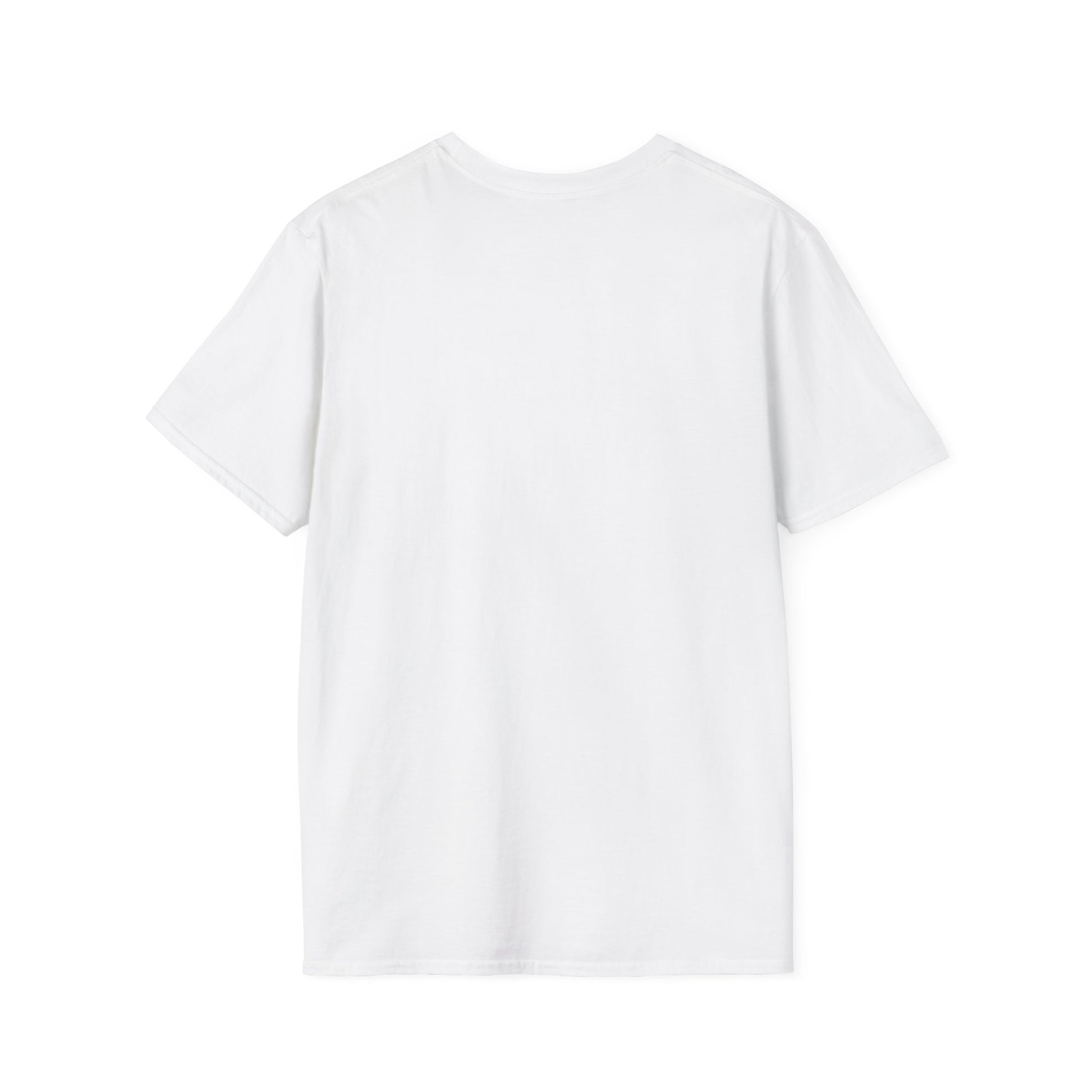 Back of a white crew neck short-sleeve T-shirt in a solid color with no graphics. A clean and minimal design that keeps the focus on the bold front graphic, making it a versatile piece for any wardrobe.