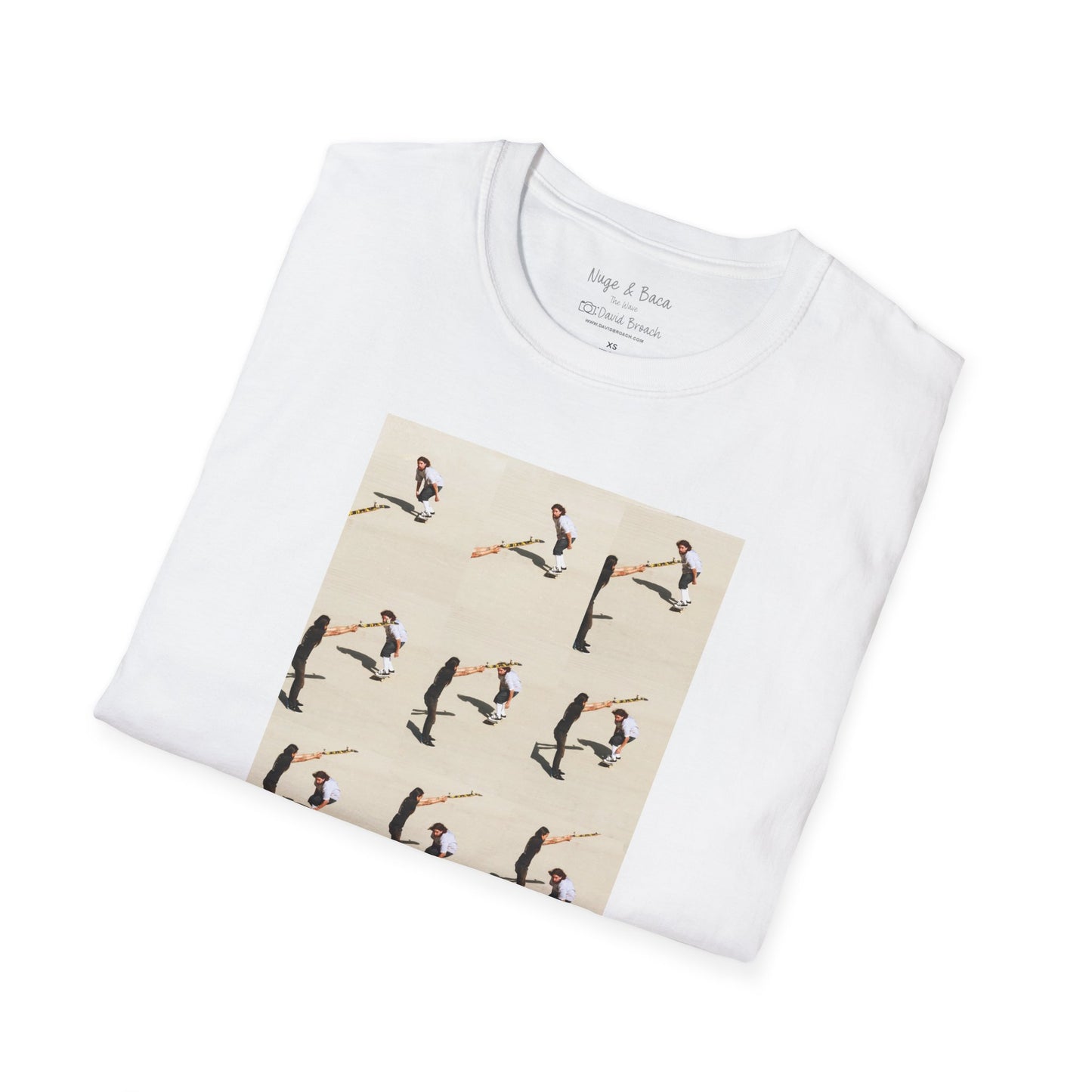 Folded white Short-sleeve crew neck T-shirt featuring a dynamic sequence of Sammy Baca skating under a board held in the air by Don 'Nuge' Nguyen. Captured by photographer David Broach, the design playfully mimics the motion of a surfer getting barreled by a wave, blending skate and surf culture in a unique and stylish way. A must-have for skateboarding enthusiasts and streetwear fans.