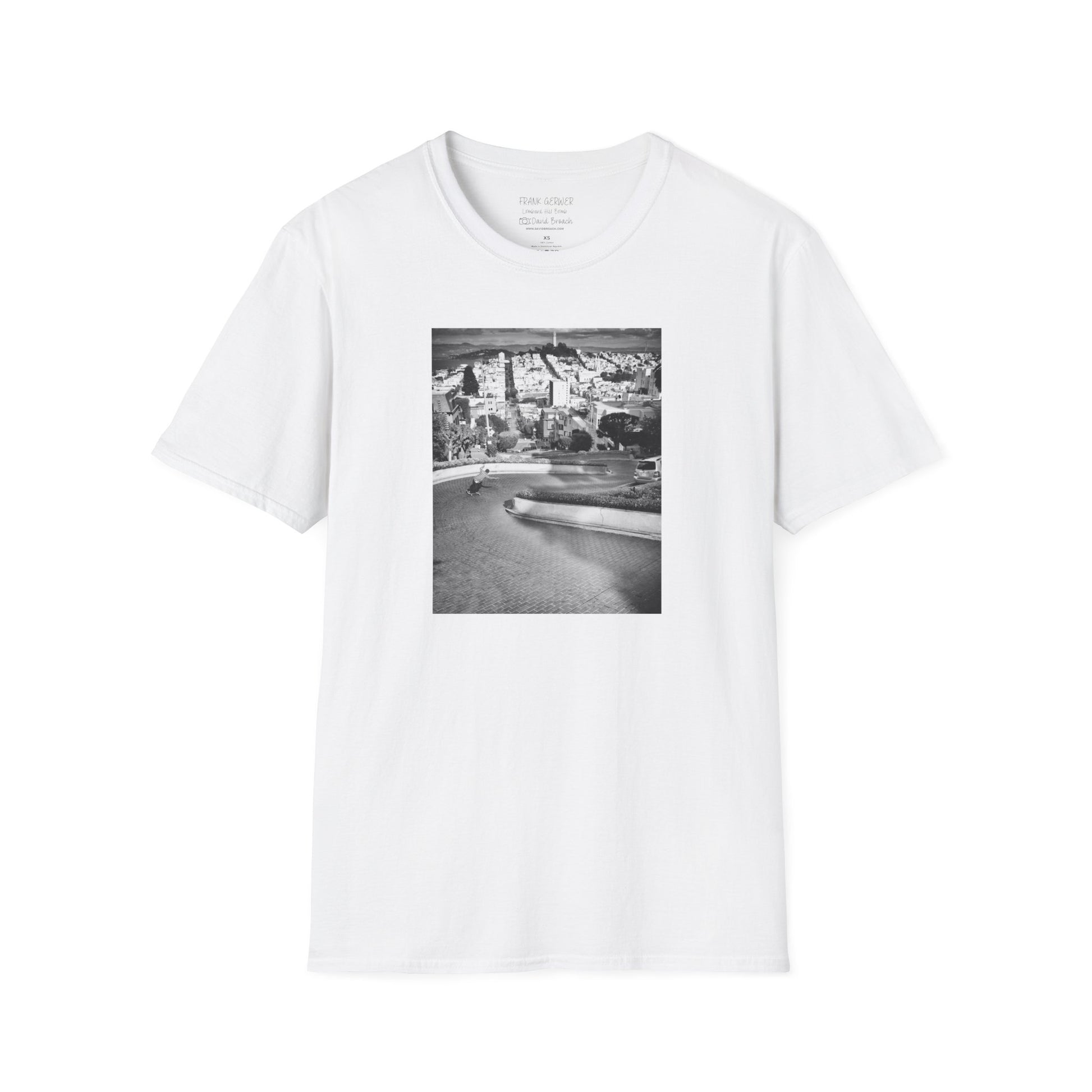 Photo of a crew neck collar white short-sleeve T-shirt featuring 'Frank Gerwer' and 'Photo by David Broach' printed on the inside. A subtle yet distinctive detail that adds authenticity to the design, making it a must-have for skateboarding enthusiasts and collectors.