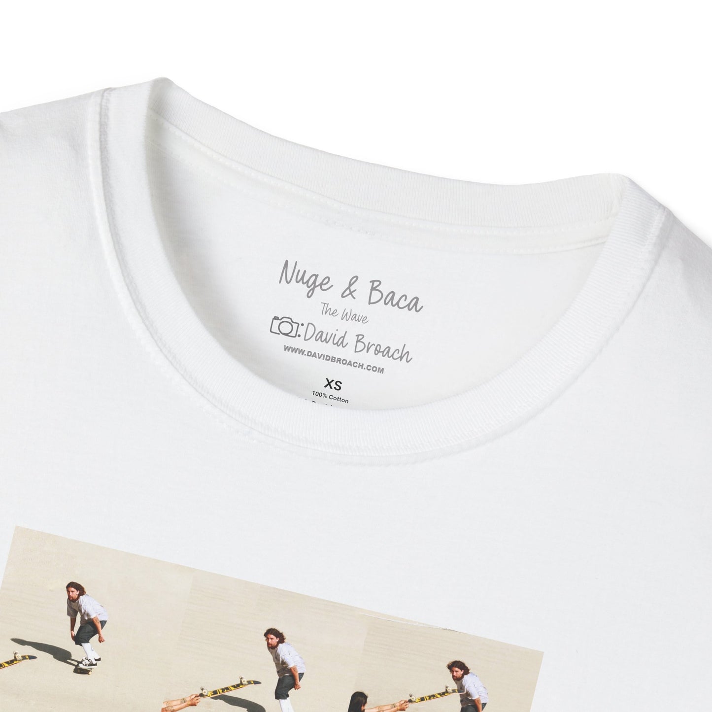 Close-up of a white crew neck collar of a short-sleeve T-shirt featuring 'Sammy Baca & Don "Nuge" Nguyen' and 'Photo by David Broach' printed on the inside. A subtle yet distinctive detail that adds authenticity to the design, making it a must-have for skateboarding enthusiasts and collectors.