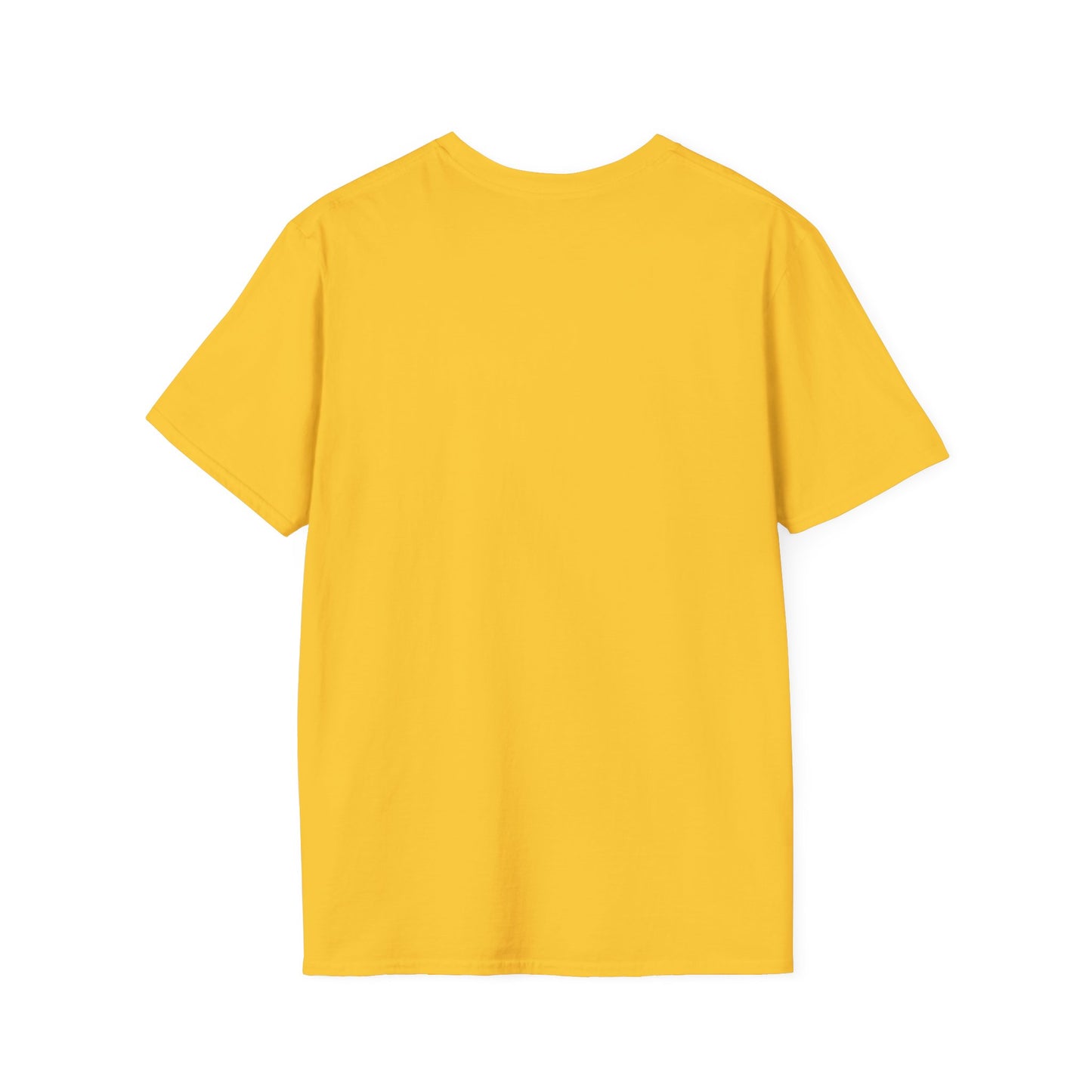 Back of a yellow crew neck short-sleeve T-shirt featuring 'Hubba Hideout' printed in small text near the upper back. A subtle yet stylish detail that complements the bold front design, making it a must-have for skateboarding enthusiasts and streetwear fans."