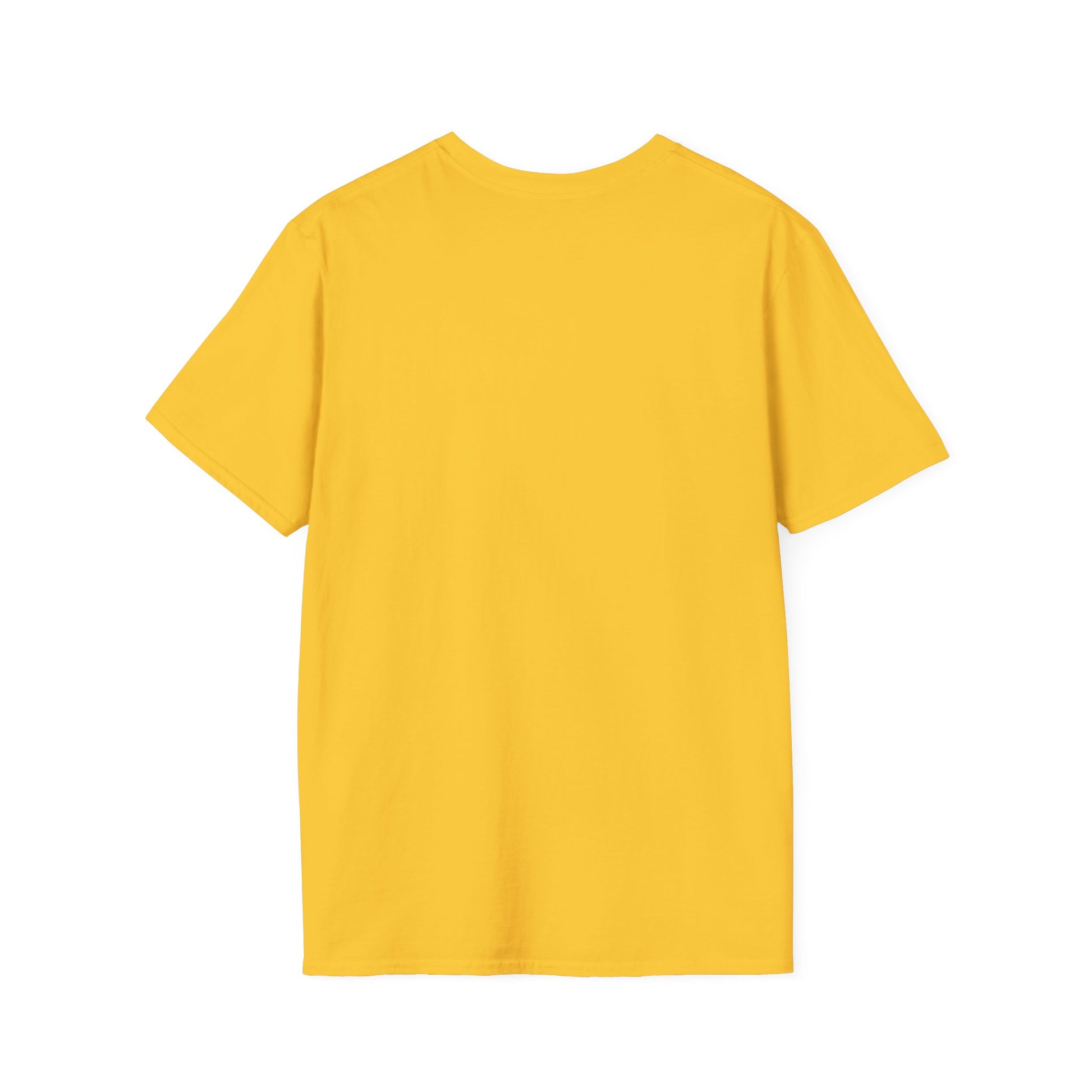 Back of a yellow crew neck short-sleeve T-shirt featuring 'Hubba Hideout' printed in small text near the upper back. A subtle yet stylish detail that complements the bold front design, making it a must-have for skateboarding enthusiasts and streetwear fans."