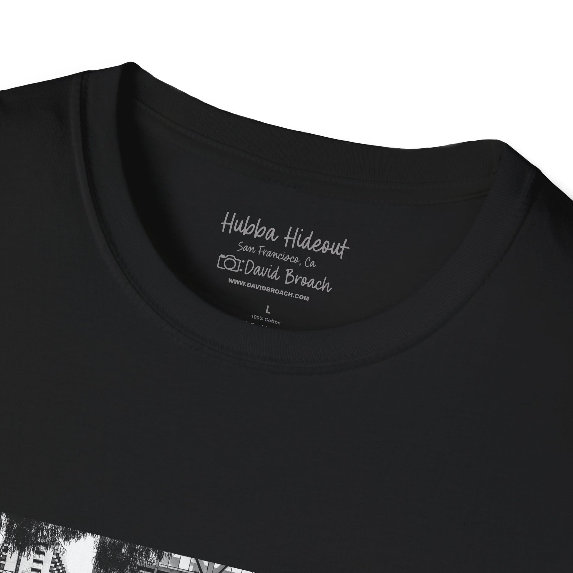 Close-up of a crew neck short-sleeve T-shirt featuring a printed photo of the iconic Hubba Hideout skate spot, captured by David Broach. The detailed print highlights the texture and depth of the image, making it a bold statement piece for skateboarding enthusiasts.