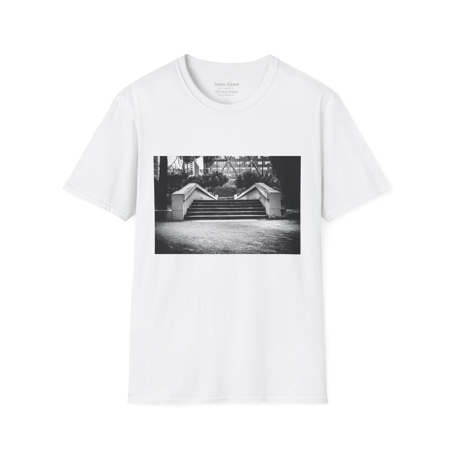 White Short-sleeve crew neck T-shirt featuring a bold graphic of the iconic Hubba Hideout skate spot printed on the front. The detailed design, captured by photographer David Broach, showcases the legendary spot in striking detail, making it a must-have for skateboarding enthusiasts and streetwear fans.