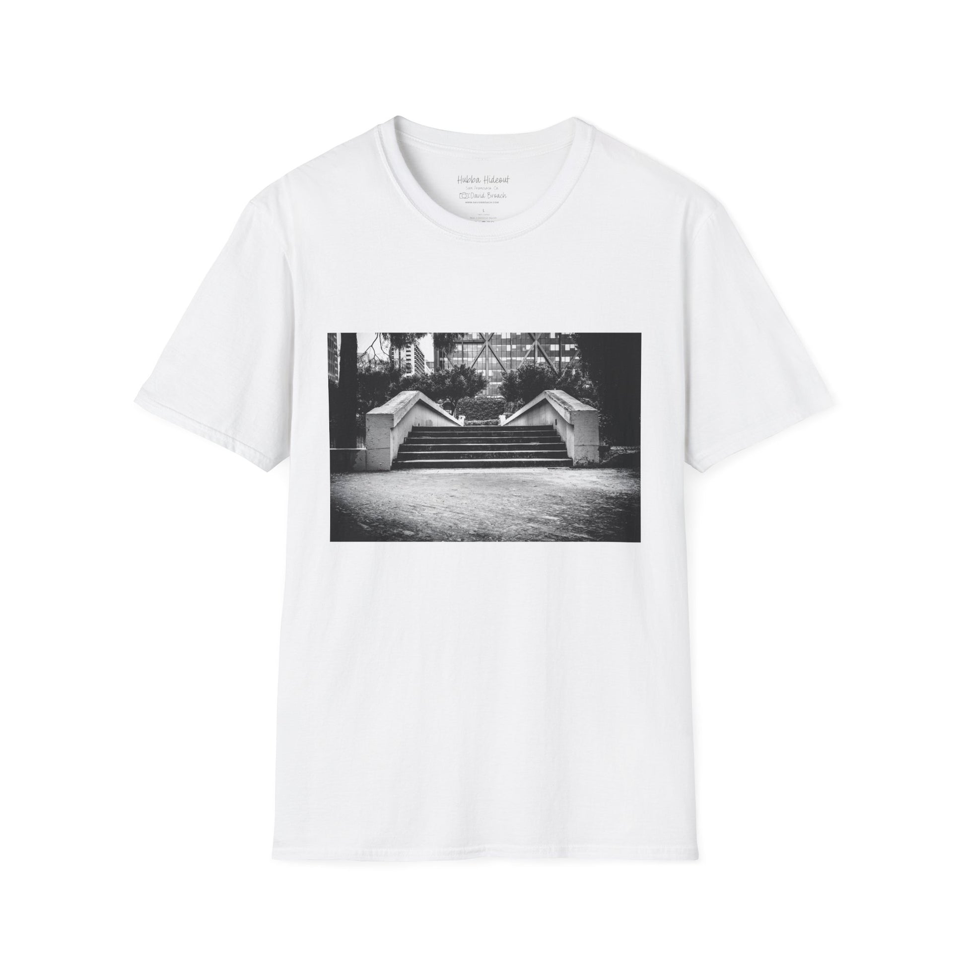 White Short-sleeve crew neck T-shirt featuring a bold graphic of the iconic Hubba Hideout skate spot printed on the front. The detailed design, captured by photographer David Broach, showcases the legendary spot in striking detail, making it a must-have for skateboarding enthusiasts and streetwear fans.