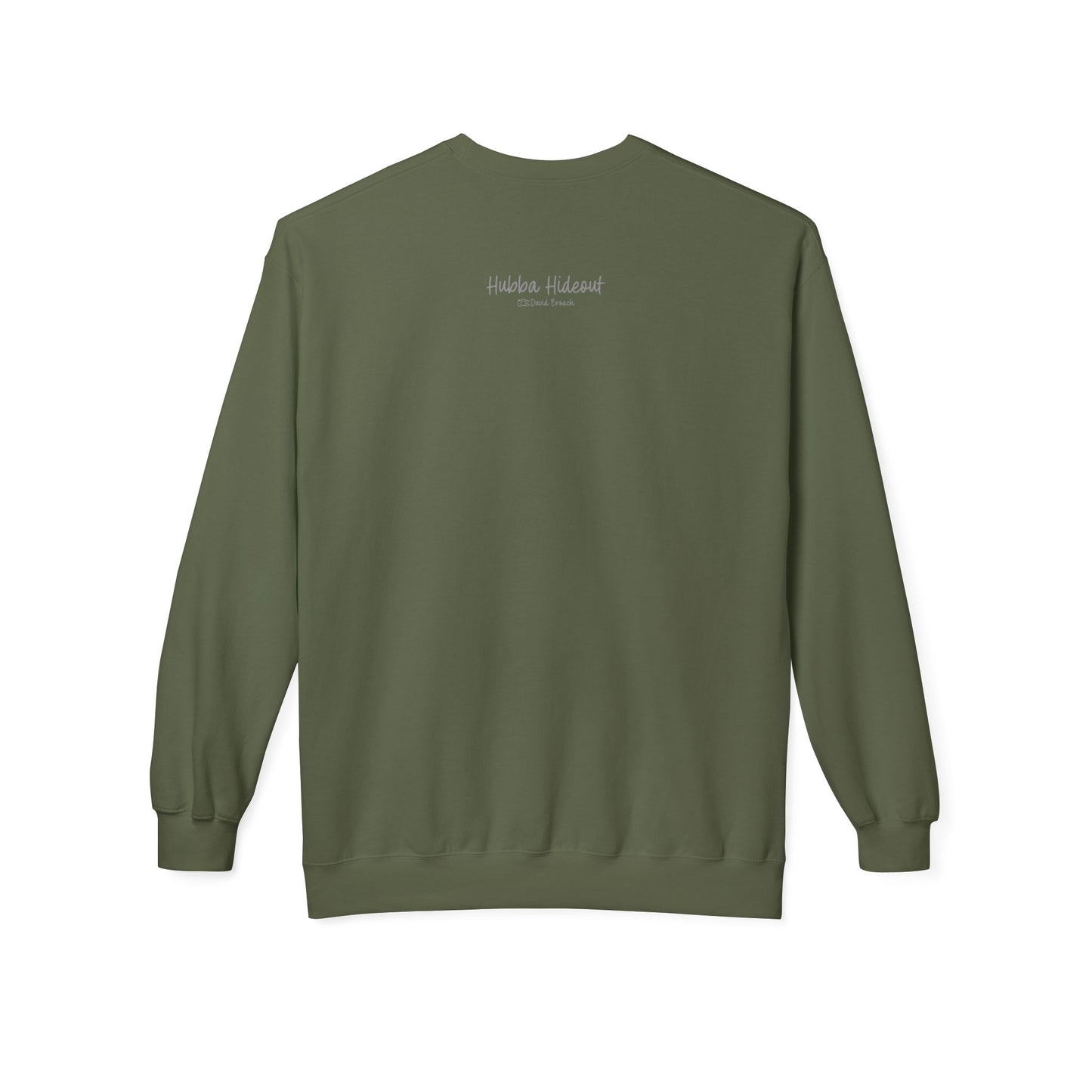 Back of a green crew neck long-sleeve sweatshirt featuring 'Hubba Hideout' printed in small text near the upper back. A subtle yet stylish detail that complements the bold front design, making it a must-have for skateboarding enthusiasts and streetwear fans.