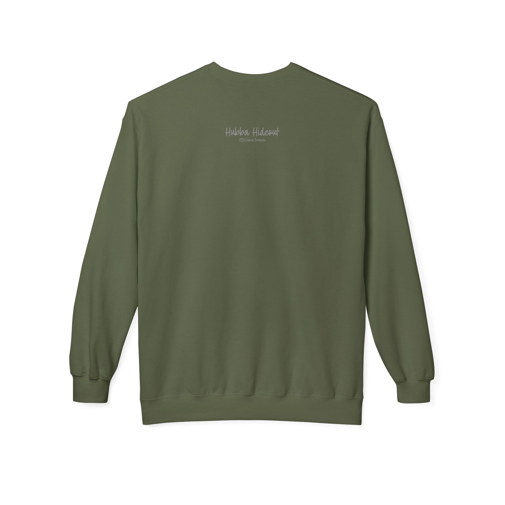 Back of a green crew neck long-sleeve sweatshirt featuring 'Hubba Hideout' printed in small text near the upper back. A subtle yet stylish detail that complements the bold front design, making it a must-have for skateboarding enthusiasts and streetwear fans.