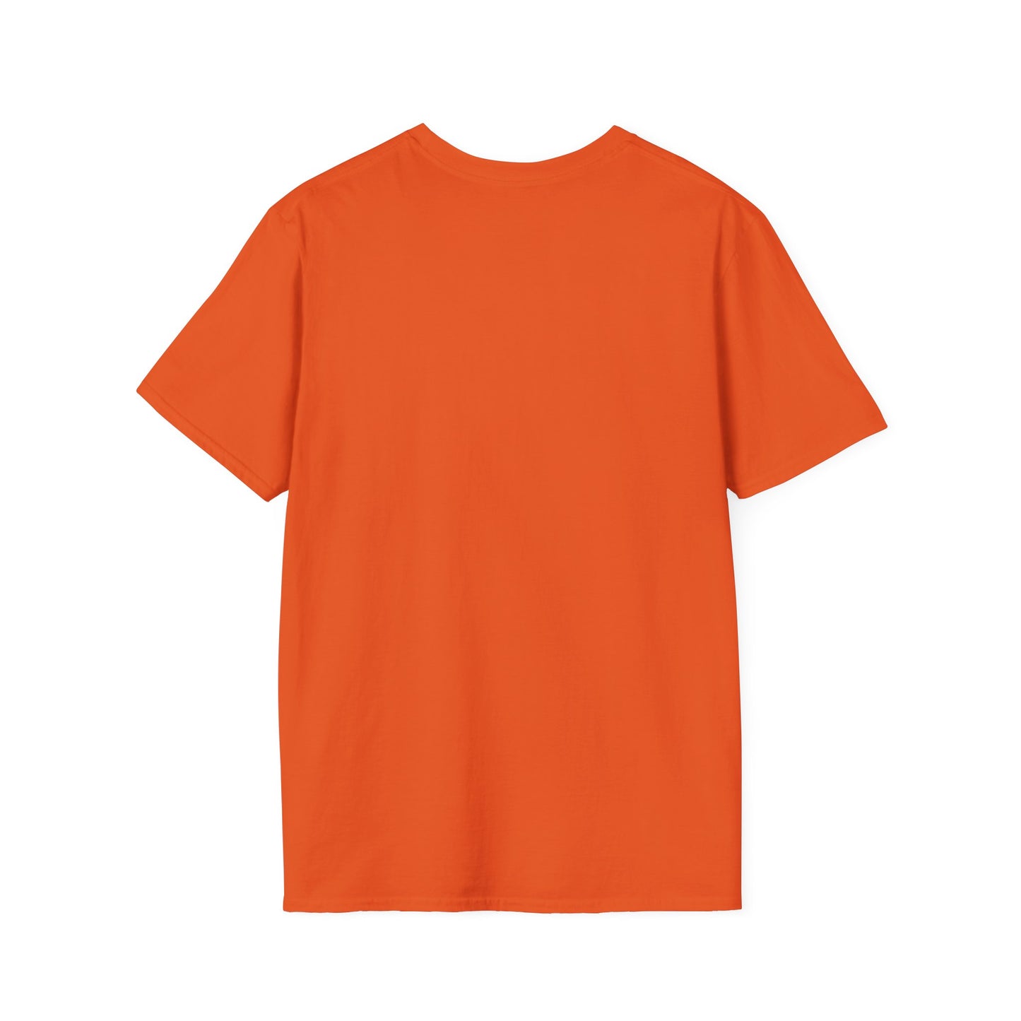 Back of a orange crew neck short-sleeve T-shirt featuring 'Hubba Hideout' printed in small text near the upper back. A subtle yet stylish detail that complements the bold front design, making it a must-have for skateboarding enthusiasts and streetwear fans."