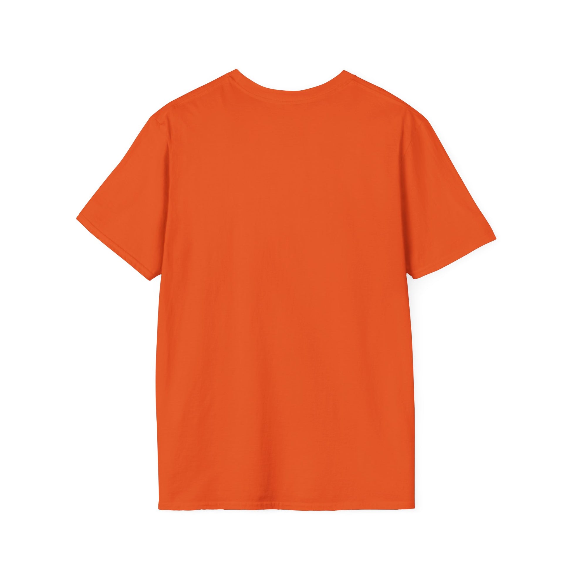Back of a orange crew neck short-sleeve T-shirt featuring 'Hubba Hideout' printed in small text near the upper back. A subtle yet stylish detail that complements the bold front design, making it a must-have for skateboarding enthusiasts and streetwear fans."
