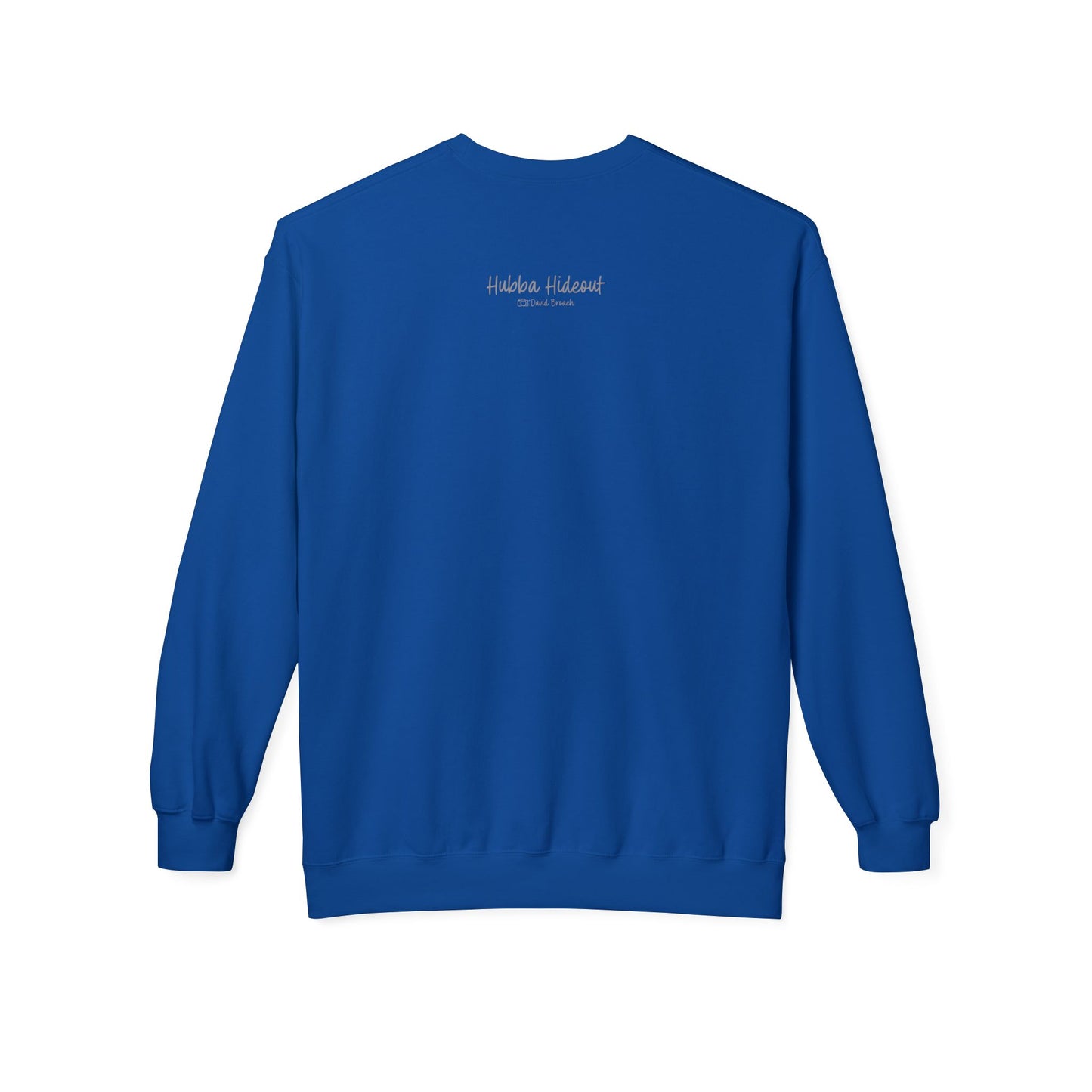Back of a royal blue  crew neck long-sleeve sweatshirt featuring 'Hubba Hideout' printed in small text near the upper back. A subtle yet stylish detail that complements the bold front design, making it a must-have for skateboarding enthusiasts and streetwear fans.