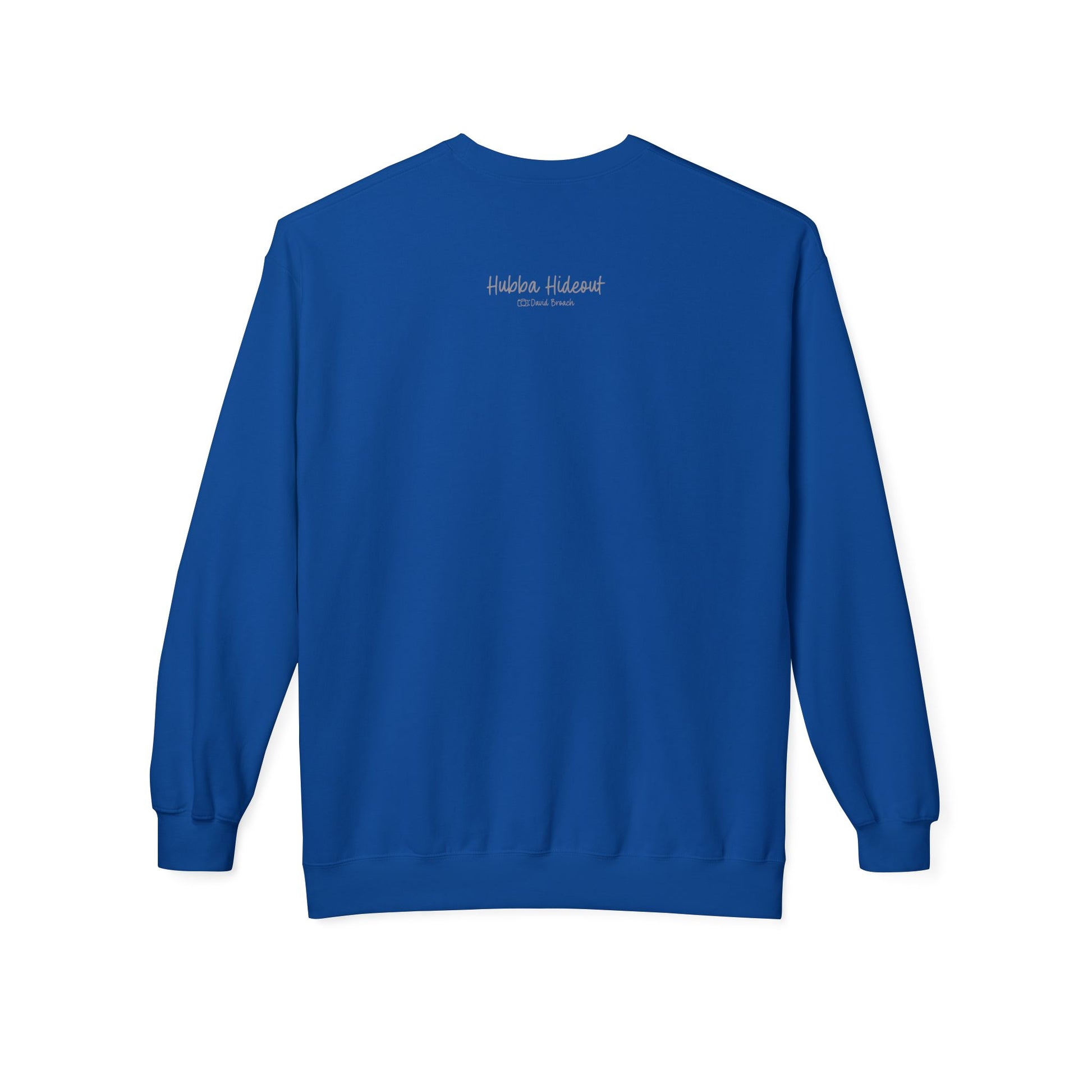 Back of a royal blue  crew neck long-sleeve sweatshirt featuring 'Hubba Hideout' printed in small text near the upper back. A subtle yet stylish detail that complements the bold front design, making it a must-have for skateboarding enthusiasts and streetwear fans.