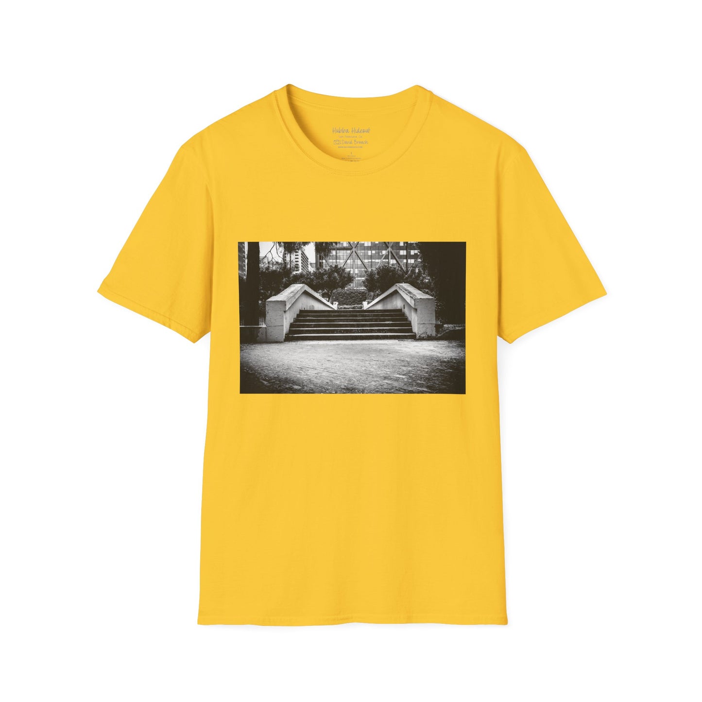 Yellow Short-sleeve crew neck T-shirt featuring a bold graphic of the iconic Hubba Hideout skate spot printed on the front. The detailed design, captured by photographer David Broach, showcases the legendary spot in striking detail, making it a must-have for skateboarding enthusiasts and streetwear fans.