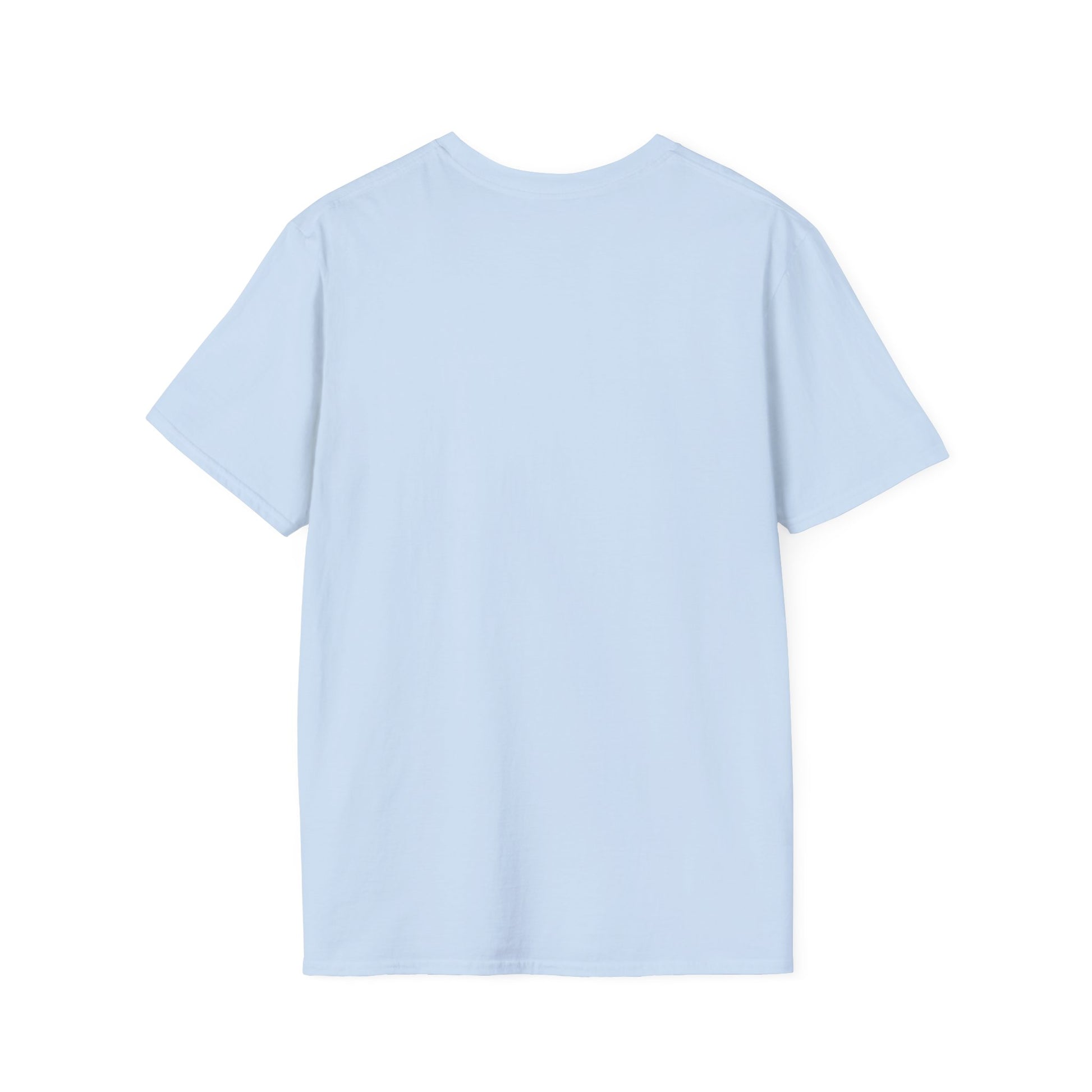 Back of a light blue  crew neck short-sleeve T-shirt in a solid color with no graphics. A clean and minimal design that keeps the focus on the bold front graphic, making it a versatile piece for any wardrobe.