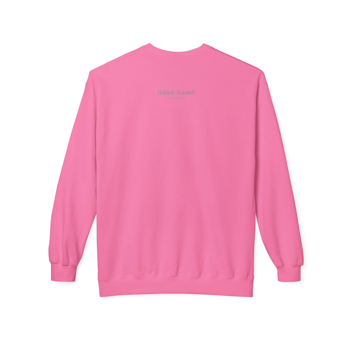 Back of a pink crew neck long-sleeve sweatshirt featuring 'Hubba Hideout' printed in small text near the upper back. A subtle yet stylish detail that complements the bold front design, making it a must-have for skateboarding enthusiasts and streetwear fans.
