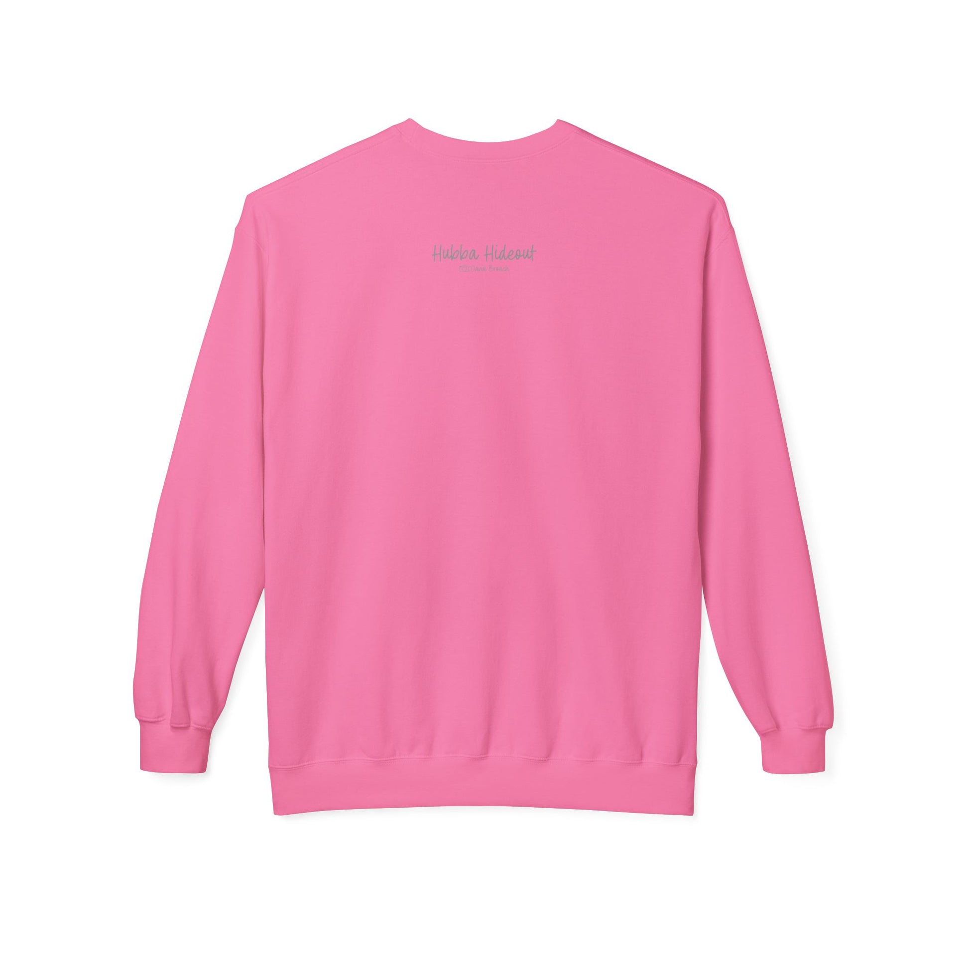 Back of a pink crew neck long-sleeve sweatshirt featuring 'Hubba Hideout' printed in small text near the upper back. A subtle yet stylish detail that complements the bold front design, making it a must-have for skateboarding enthusiasts and streetwear fans.