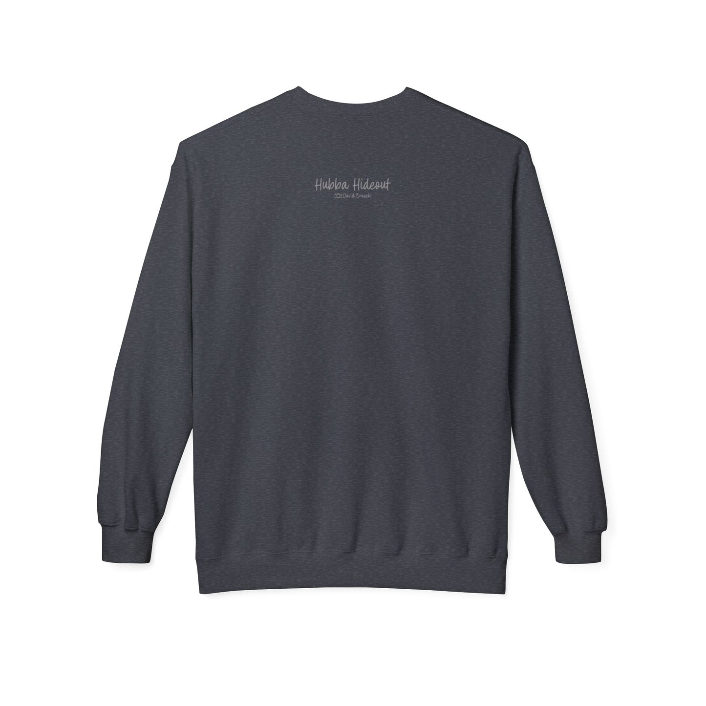Back view of a Grey long-sleeve sweatshirt.  The soft fabric drapes naturally, showcasing the relaxed fit. Ideal for layering or wearing solo, this piece adds a pop of color with a skate-inspired edge."