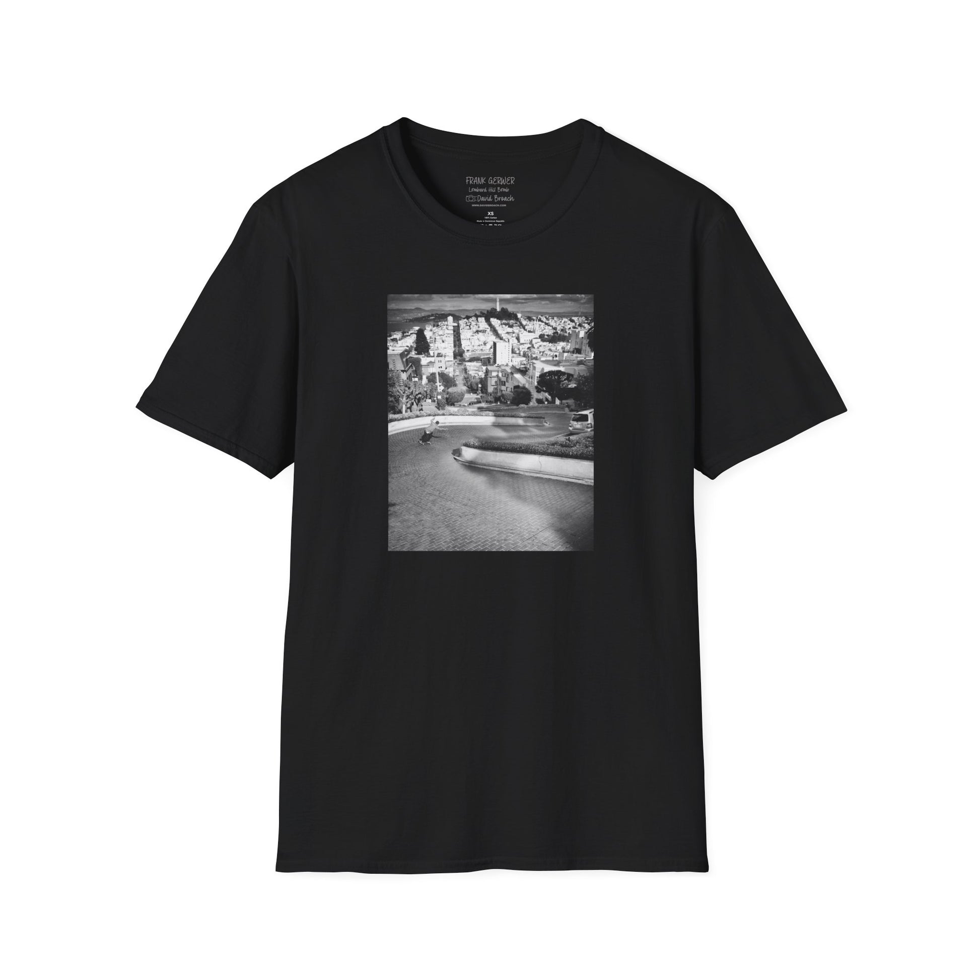 Photo of a crew neck collar black short-sleeve T-shirt featuring 'Frank Gerwer' and 'Photo by David Broach' printed on the inside. A subtle yet distinctive detail that adds authenticity to the design, making it a must-have for skateboarding enthusiasts and collectors.