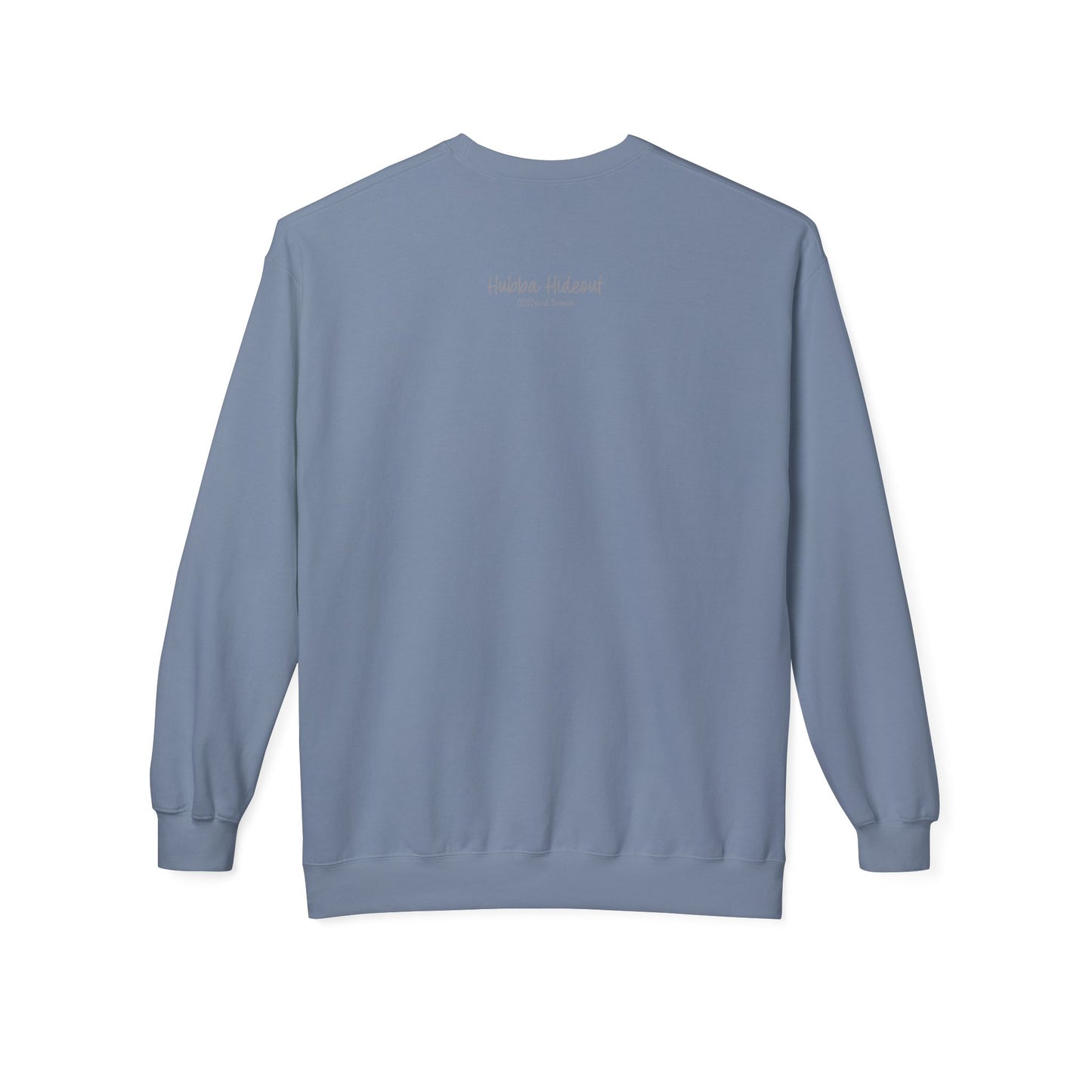 Back of a light blue crew neck long-sleeve sweatshirt featuring 'Hubba Hideout' printed in small text near the upper back. A subtle yet stylish detail that complements the bold front design, making it a must-have for skateboarding enthusiasts and streetwear fans.