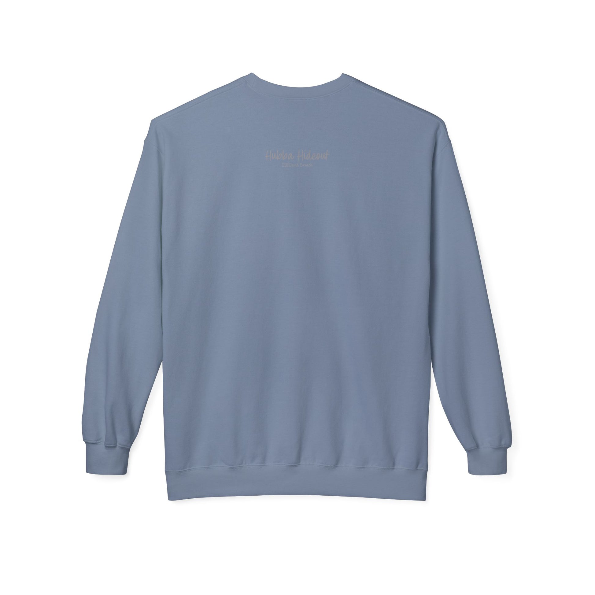 Back of a light blue crew neck long-sleeve sweatshirt featuring 'Hubba Hideout' printed in small text near the upper back. A subtle yet stylish detail that complements the bold front design, making it a must-have for skateboarding enthusiasts and streetwear fans.