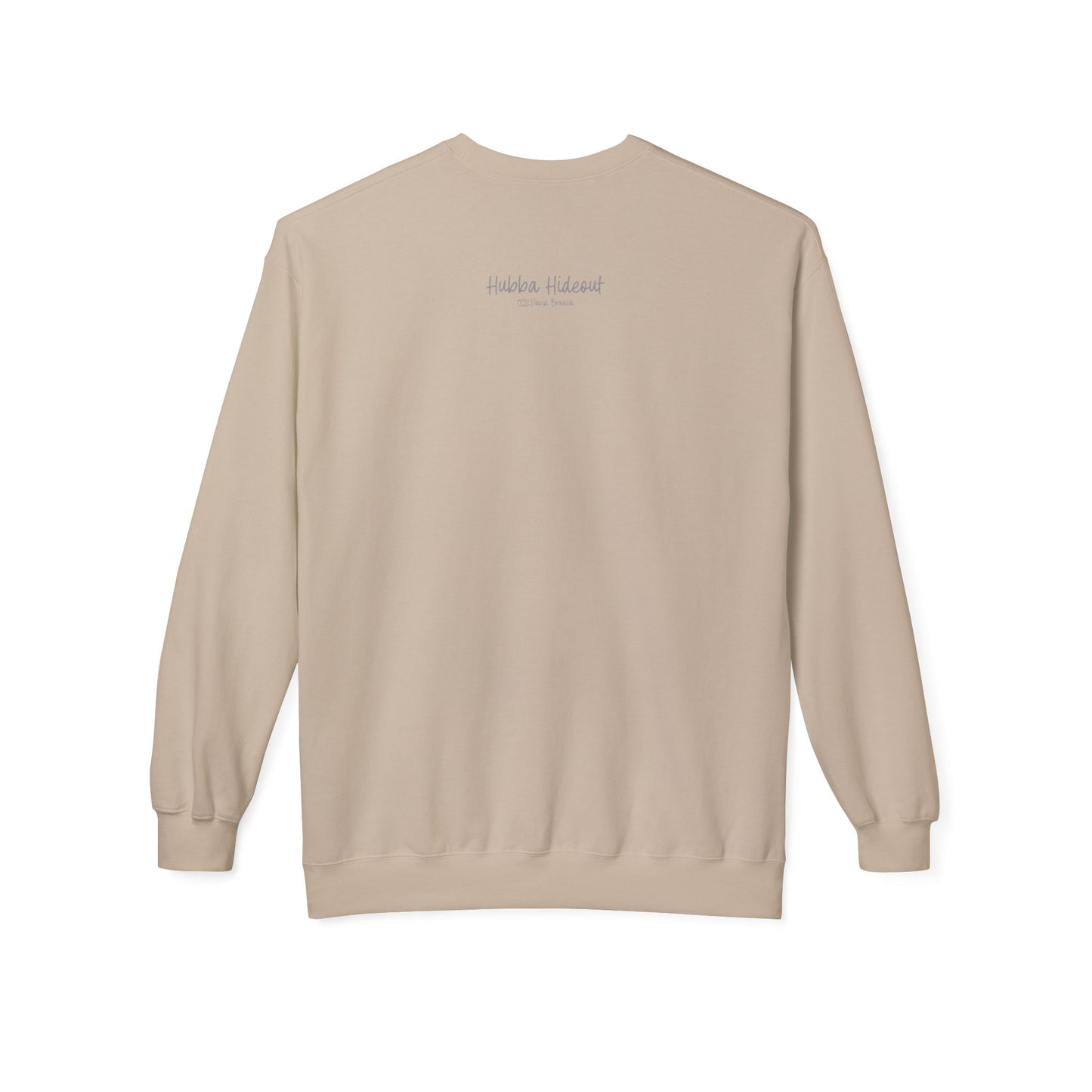 Back of a cream crew neck long-sleeve sweatshirt featuring 'Hubba Hideout' printed in small text near the upper back. A subtle yet stylish detail that complements the bold front design, making it a must-have for skateboarding enthusiasts and streetwear fans.