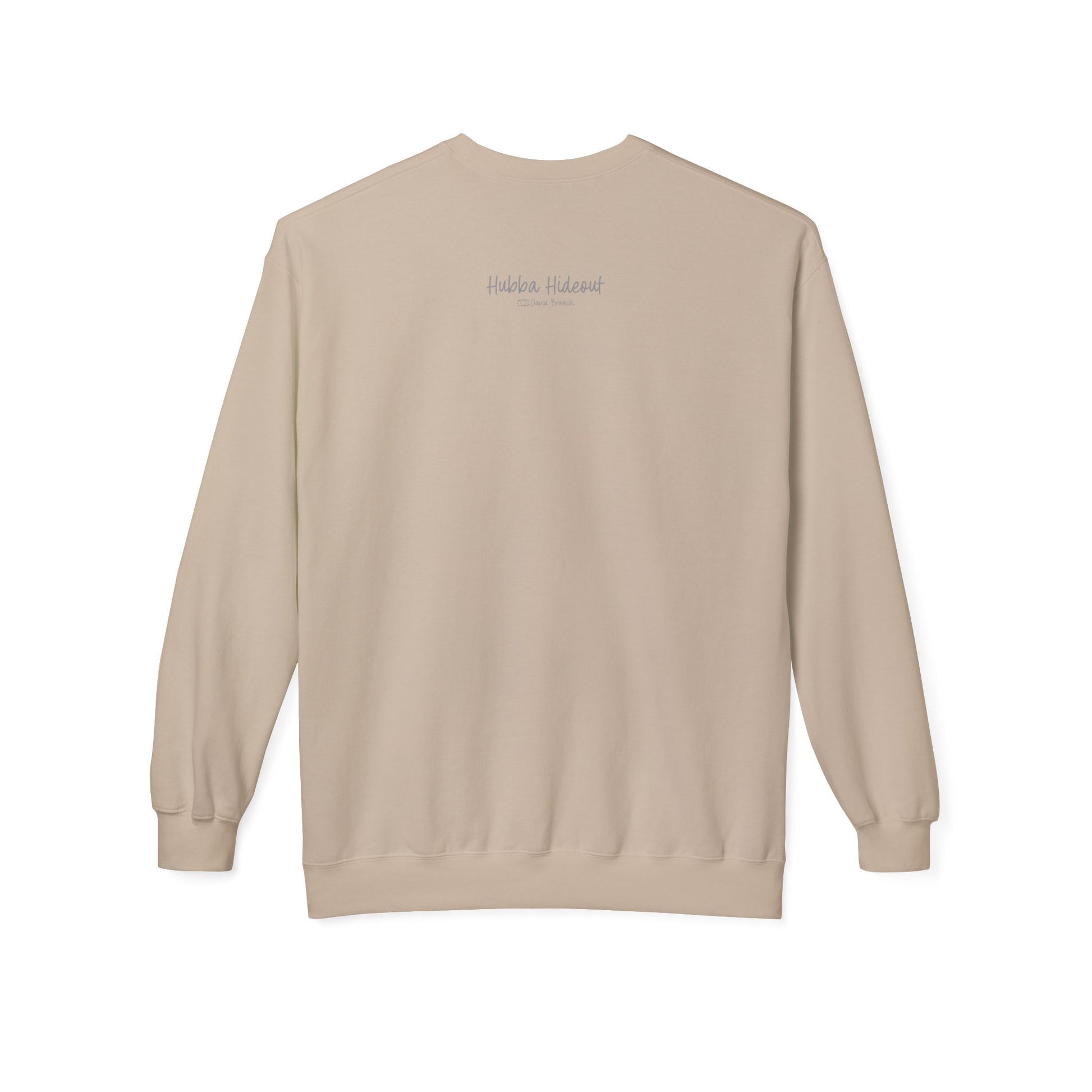 Back of a cream crew neck long-sleeve sweatshirt featuring 'Hubba Hideout' printed in small text near the upper back. A subtle yet stylish detail that complements the bold front design, making it a must-have for skateboarding enthusiasts and streetwear fans.