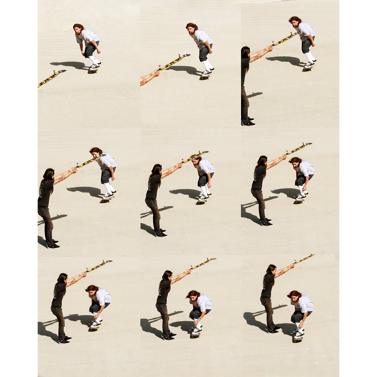 A high-quality print featuring a dynamic sequence of Sammy Baca skating under a board held in the air by Don 'Nuge' Nguyen. Captured by photographer David Broach, the image playfully mimics the feeling of a surfer getting barreled by a wave, blending skate and surf culture in a unique and visually striking composition. A must-have for skateboarding enthusiasts and art collectors.