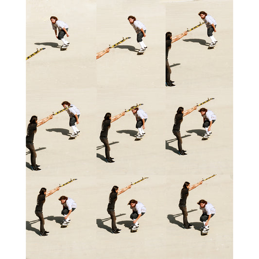 A high-quality print featuring a dynamic sequence of Sammy Baca skating under a board held in the air by Don 'Nuge' Nguyen. Captured by photographer David Broach, the image playfully mimics the feeling of a surfer getting barreled by a wave, blending skate and surf culture in a unique and visually striking composition. A must-have for skateboarding enthusiasts and art collectors.