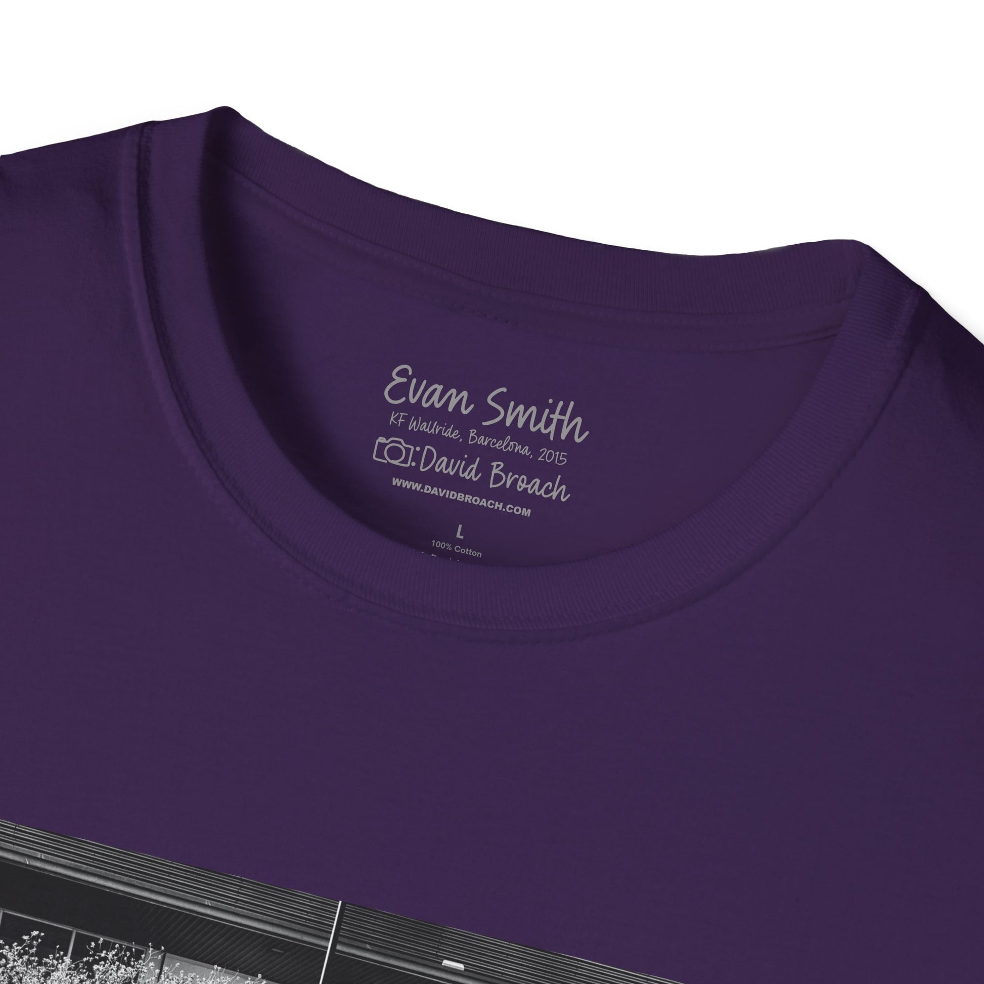 Close up of purple shirt collar printed on it Evan Smith, Photo by David Broach