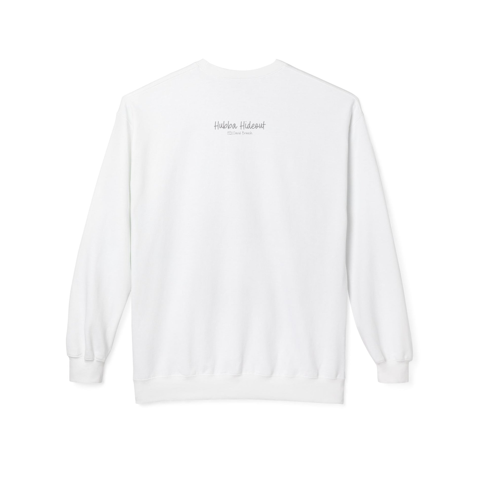 Back of a white crew neck long-sleeve sweatshirt featuring 'Hubba Hideout' printed in small text near the upper back. A subtle yet stylish detail that complements the bold front design, making it a must-have for skateboarding enthusiasts and streetwear fans.