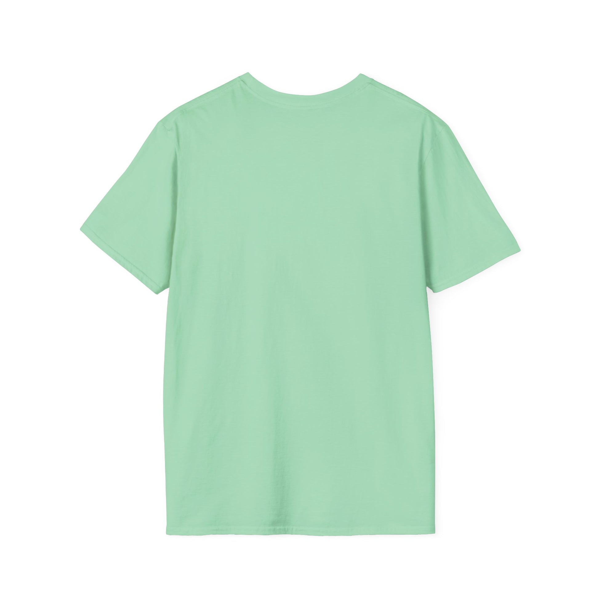 Back of a mint green crew neck short-sleeve T-shirt in a solid color with no graphics. A clean and minimal design that keeps the focus on the bold front graphic, making it a versatile piece for any wardrobe.
