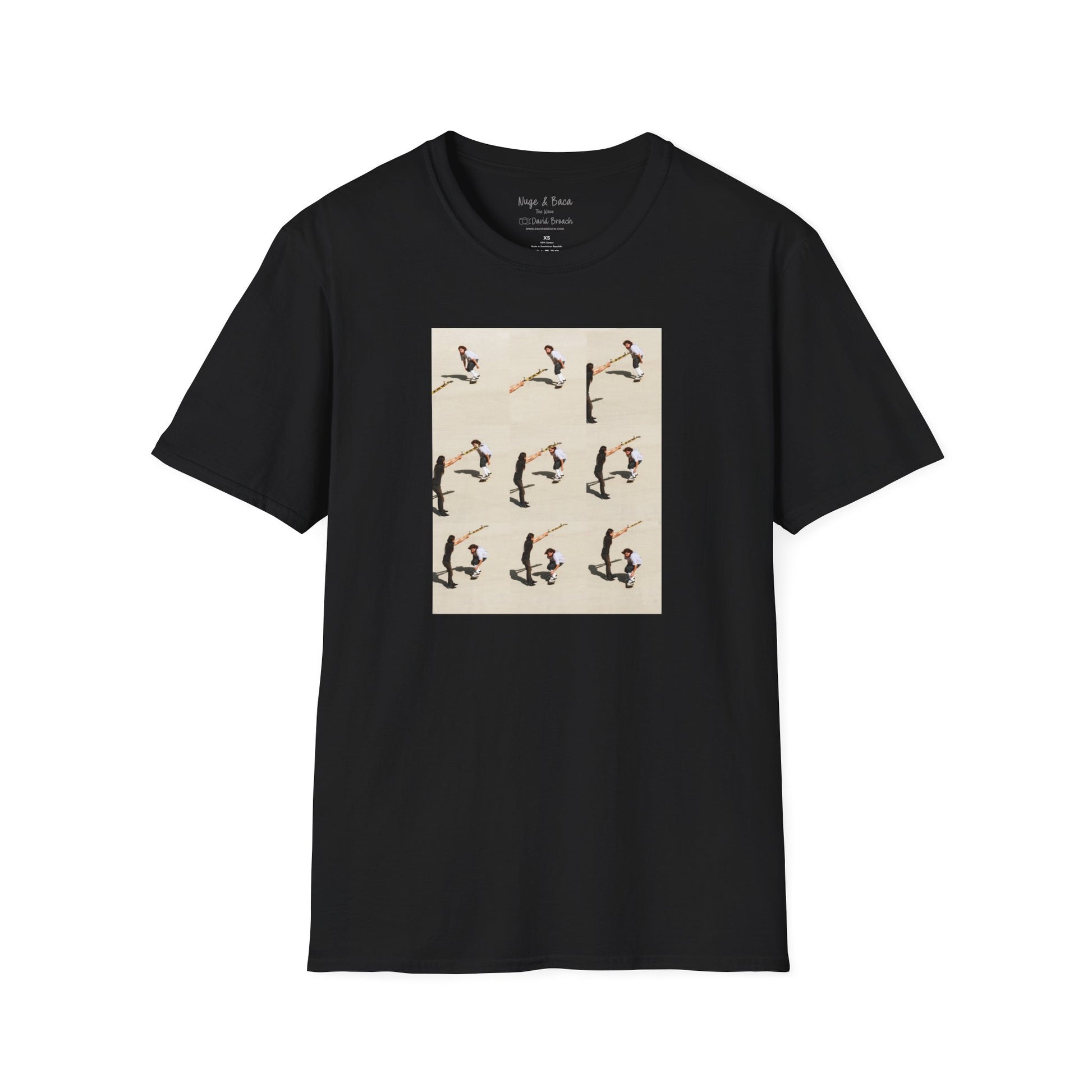 Black Short-sleeve crew neck T-shirt featuring a dynamic sequence of Sammy Baca skating under a board held in the air by Don 'Nuge' Nguyen. Captured by photographer David Broach, the design playfully mimics the motion of a surfer getting barreled by a wave, blending skate and surf culture in a unique and stylish way. A must-have for skateboarding enthusiasts and streetwear fans.