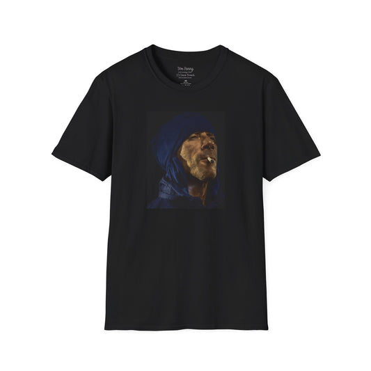 Short-sleeve black crew neck T-shirt featuring a printed portrait of legendary pro skater Tom Penny smoking a joint against a black background. Captured by photographer David Broach, the bold design highlights Penny’s effortless style and mystique, making it a must-have for skateboarding enthusiasts and streetwear fans.