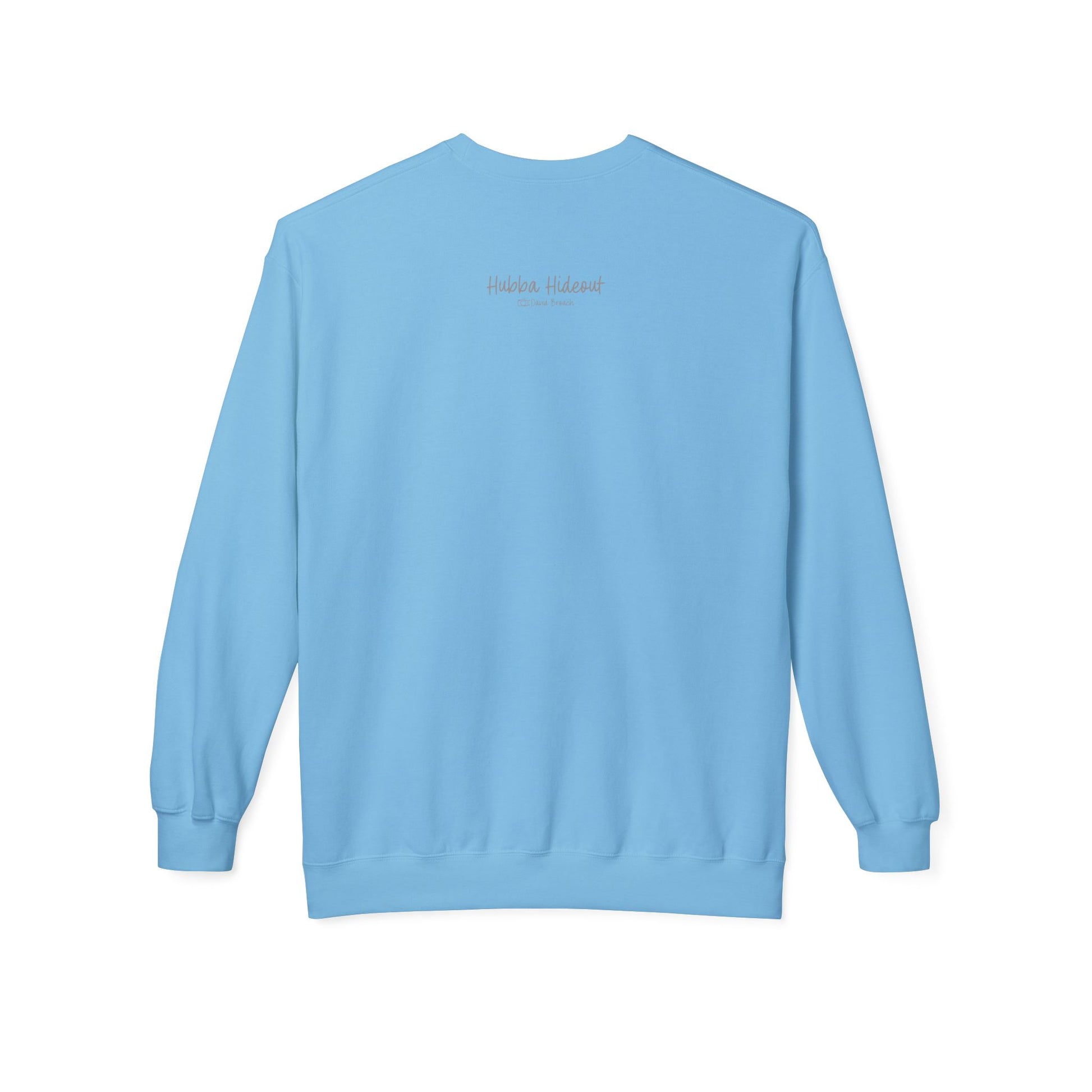 Back of a baby blue crew neck long-sleeve sweatshirt featuring 'Hubba Hideout' printed in small text near the upper back. A subtle yet stylish detail that complements the bold front design, making it a must-have for skateboarding enthusiasts and streetwear fans.